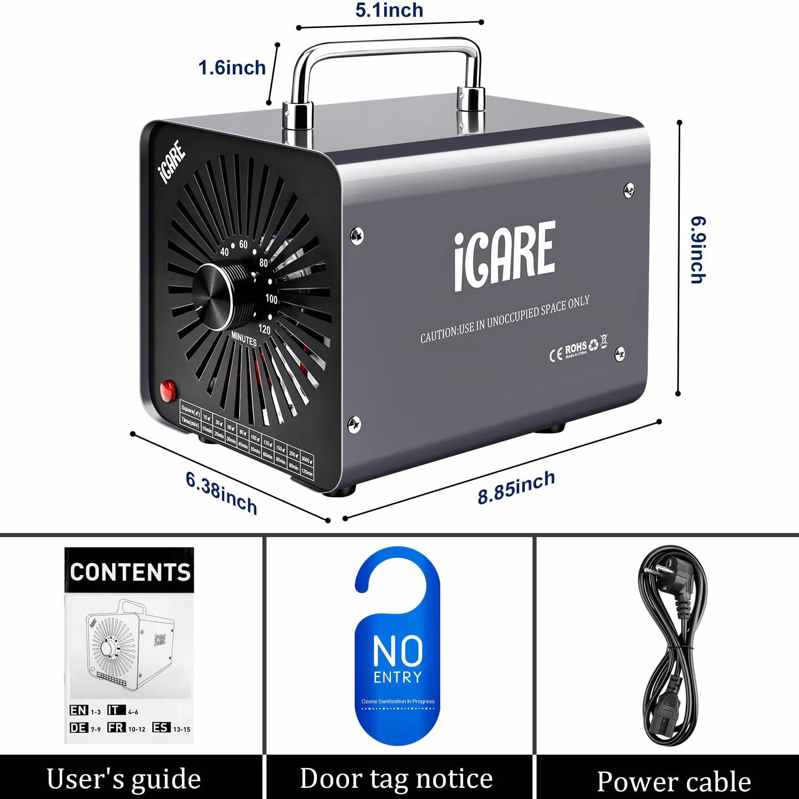 ICARE Generator ozonu 30 000 mg/h, generator jonów ujemnych, komercyjny, przemysłowy, eliminator zapachów, z timerem 120 min, do pomieszczeń 300 ㎡, oczyszczacz powietrza do domu, zwierząt domowych