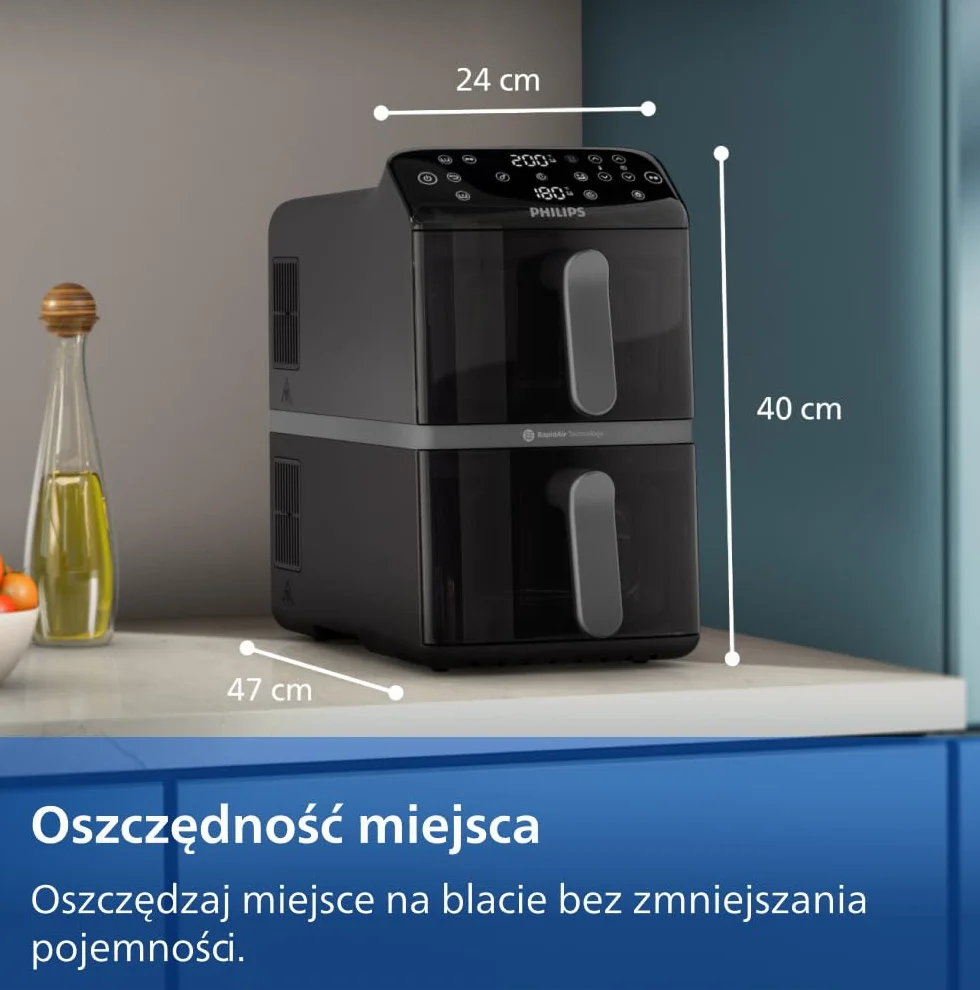 Philips Ovi z serii 4000 z podwójnym koszem 10L – Technologia RapidAir, Synchronizacja, 2 posiłki jednocześnie, 45% mniej miejsca na blacie, Powłoka ceramiczna bez PFAS, Okienka podglądu (NA460/00)