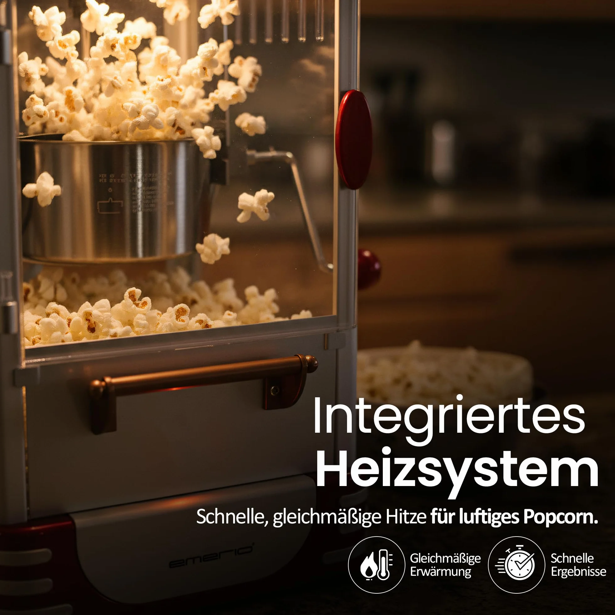 Emerio Maszyna do popcornu POM-120650, pojemnik z powłoką zapobiegającą przywieraniu, nadaje się również do słodkiego lub słonego popcornu, 360 W, duża