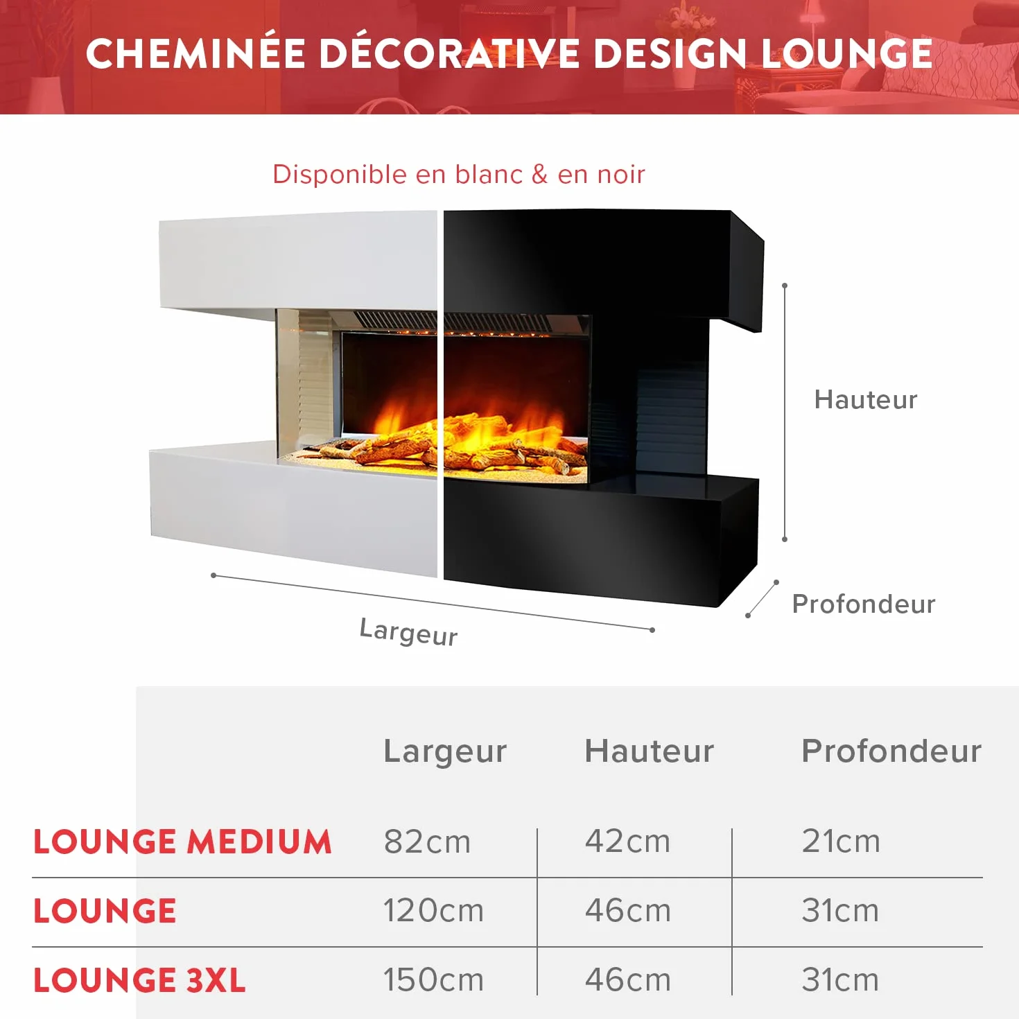 CHEMIN'ARTE Elektryczny kominek ścienny Design Lounge Medium biały 2000W LED efekt płomieni ogrzewanie elektryczne