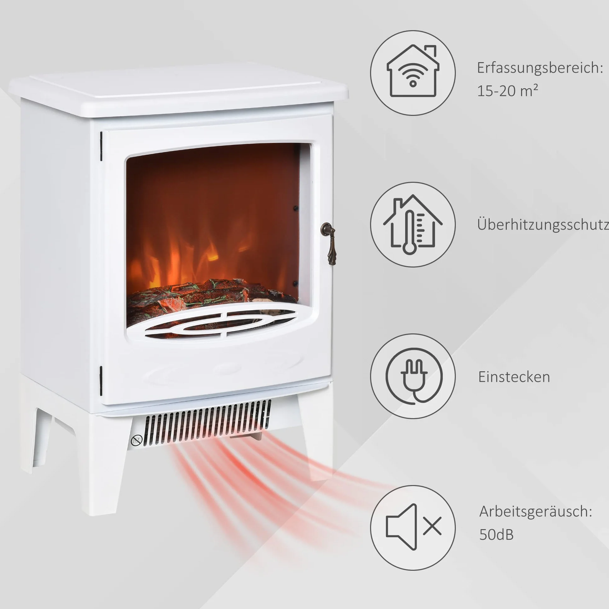 HOMCOM kominek elektryczny LED kominek podłogowy piecyk kominkowy z efektem płomienia 900/1800 W metal tworzywo sztuczne ABS szkło kolor biały 39 x 26 x 54,8 cm