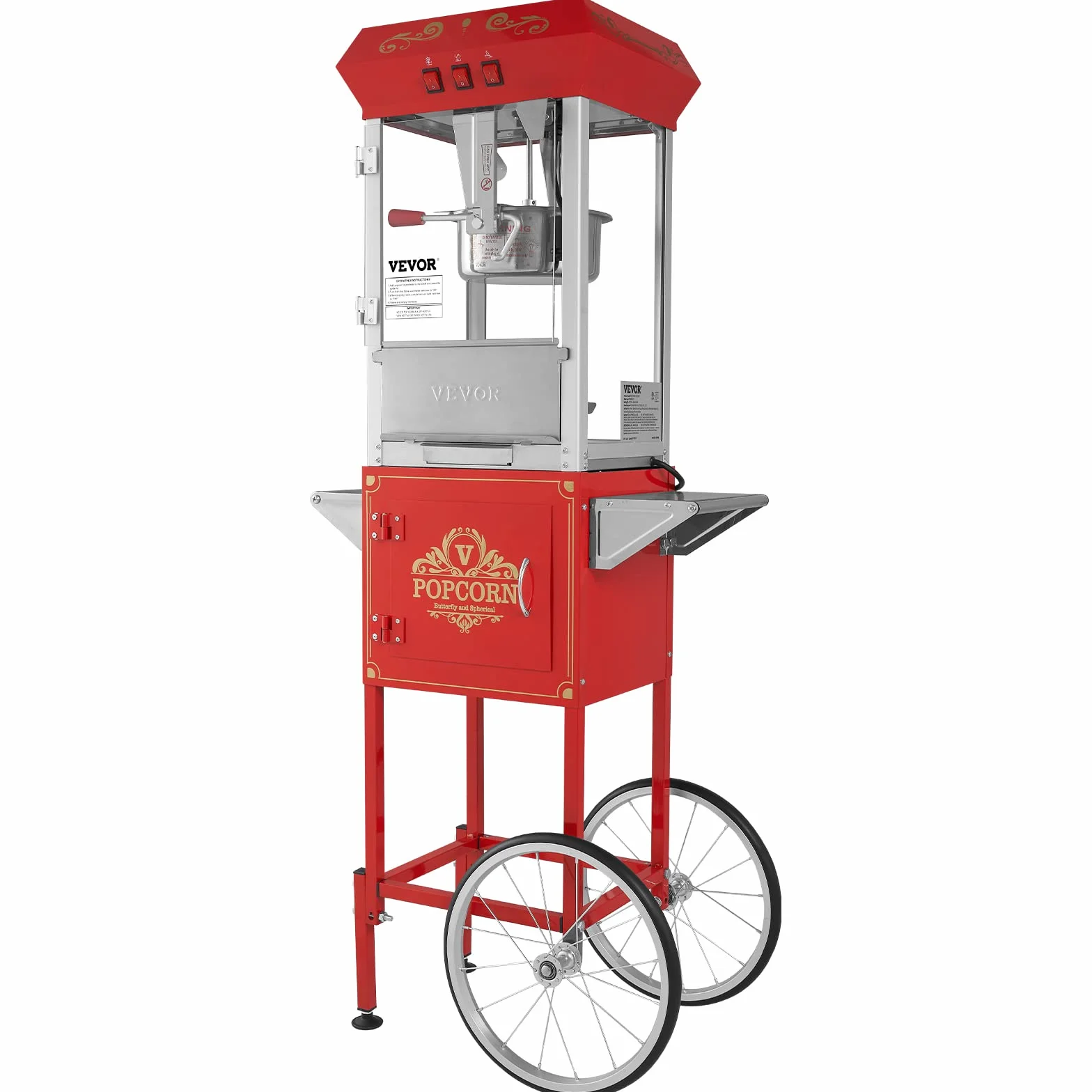 VEVOR Maszyna do popcornu z wózkiem 850 W, czajnik elektryczny 0,22 kg, 48 filiżanek, szkło hartowane