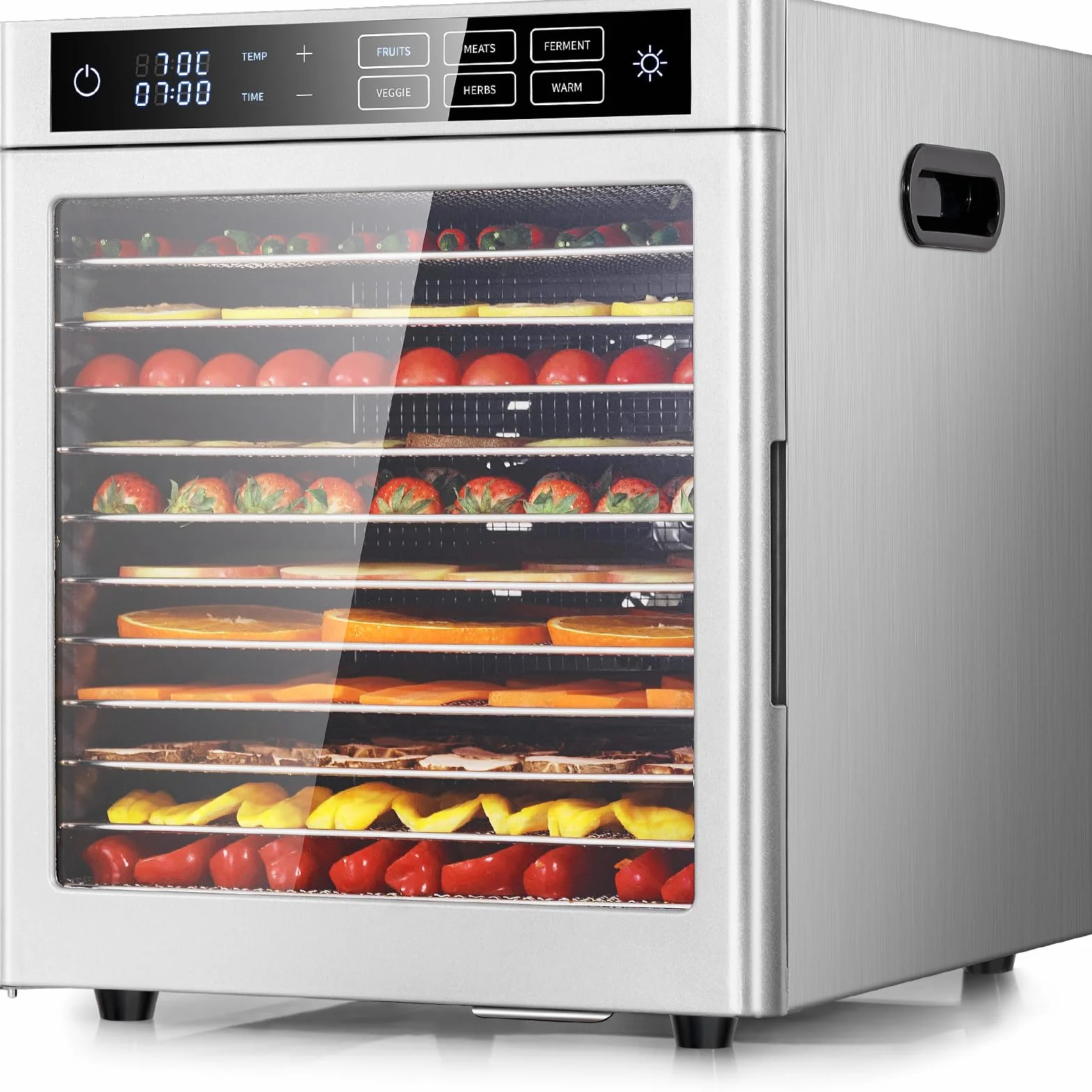 Kwasyo Suszarka do włosów, 12 poziomów, stal nierdzewna, 6 ustawień wstępnych do owoców, warzyw, mięsa, kwiatów, regulacja temperatury 85°C, 24 timery, 800 W, z przepisem