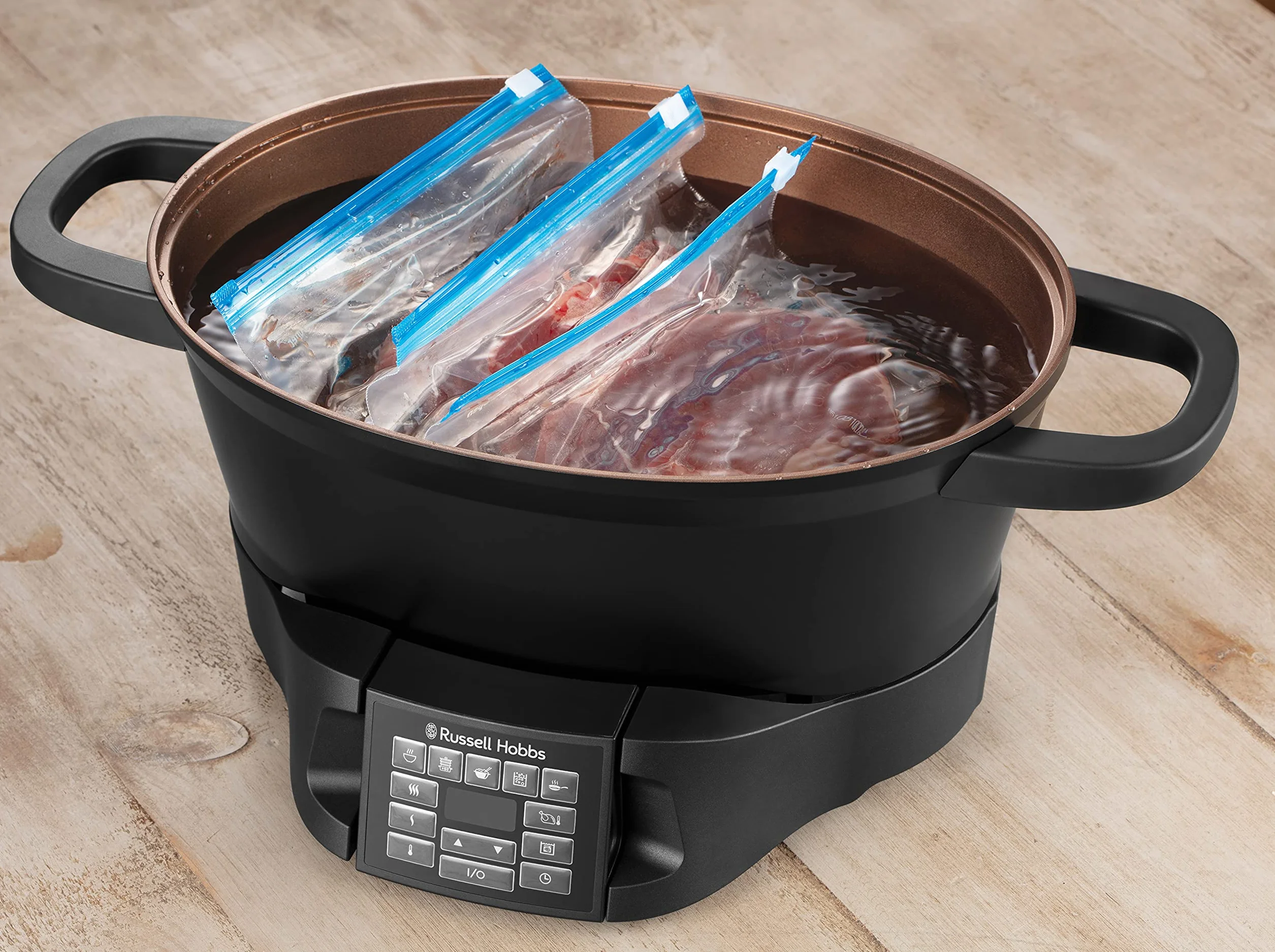Russell Hobbs multicooker, 8 funkcji, cyfrowy programator i timer, pokrywka ze szkła hartowanego, gotowanie sous-vide, zimne uchwyty, pojemność 6,5l, moc 1000W, czarny, Good To Go 28270-56