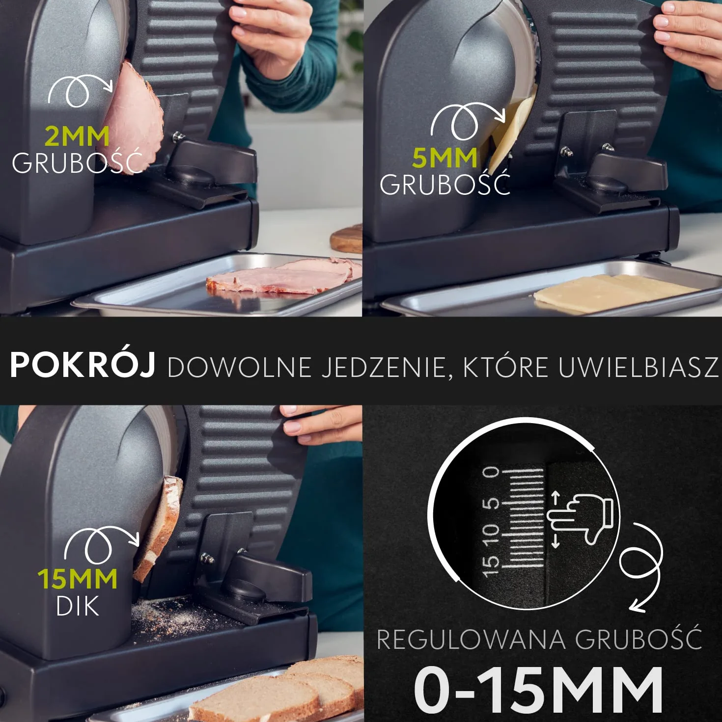 Elektryczna krajalnica ze stali nierdzewnej, regulowany robot kuchenny o zakresie krojenia od 0 do 15 mm, 2 ostrza, maszynka do krojenia kiełbasy, chleba, szynki, elektryczny nóż do mięsa i sera