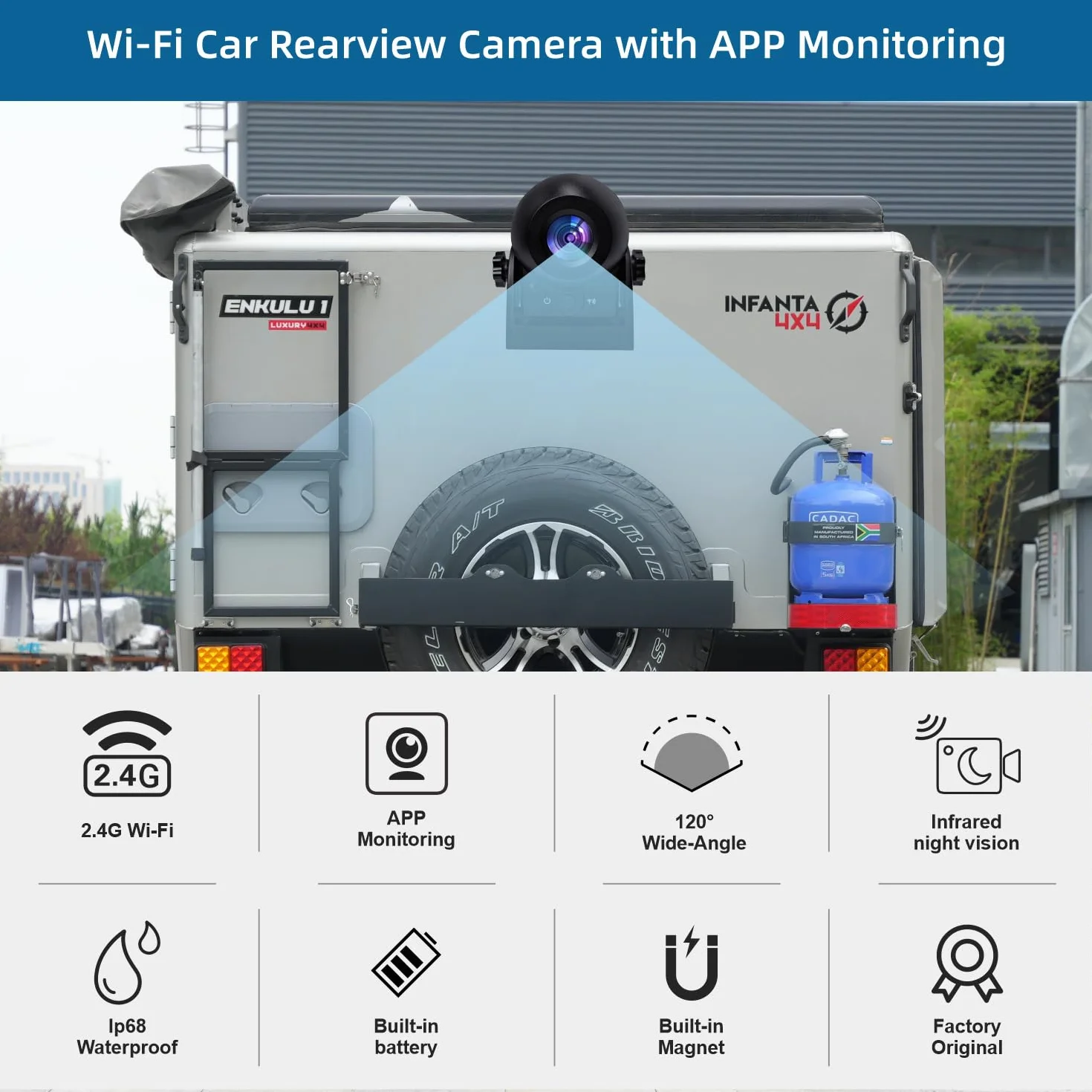 Uzone Bezprzewodowa kamera cofania, noktowizor, wodoszczelność IP68, magnetyczna, WiFi, kamera cofania, do samochodu, smartfona, aplikacja do iPhone i Android, kamera cofania, bezprzewodowa bateria do