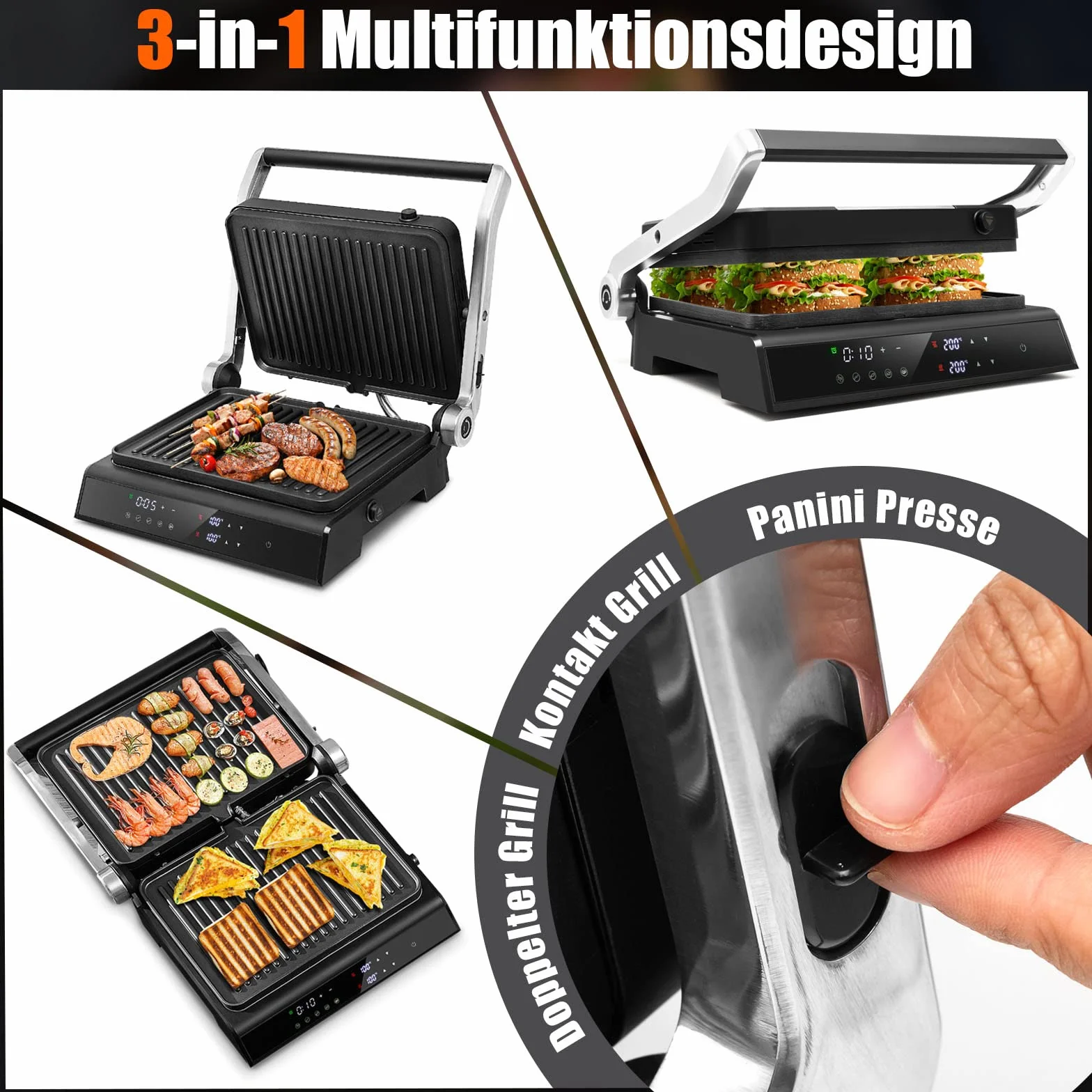 COSTWAY Opiekacz do kanapek 3 w 1, grill kontaktowy 1800 W, gofrownica, 2 wyjmowane płyty nieprzywierające, niezależne i dokładne ustawienie temperatury, 90°C - 230°C, akcesoria łatwe do czyszczenia