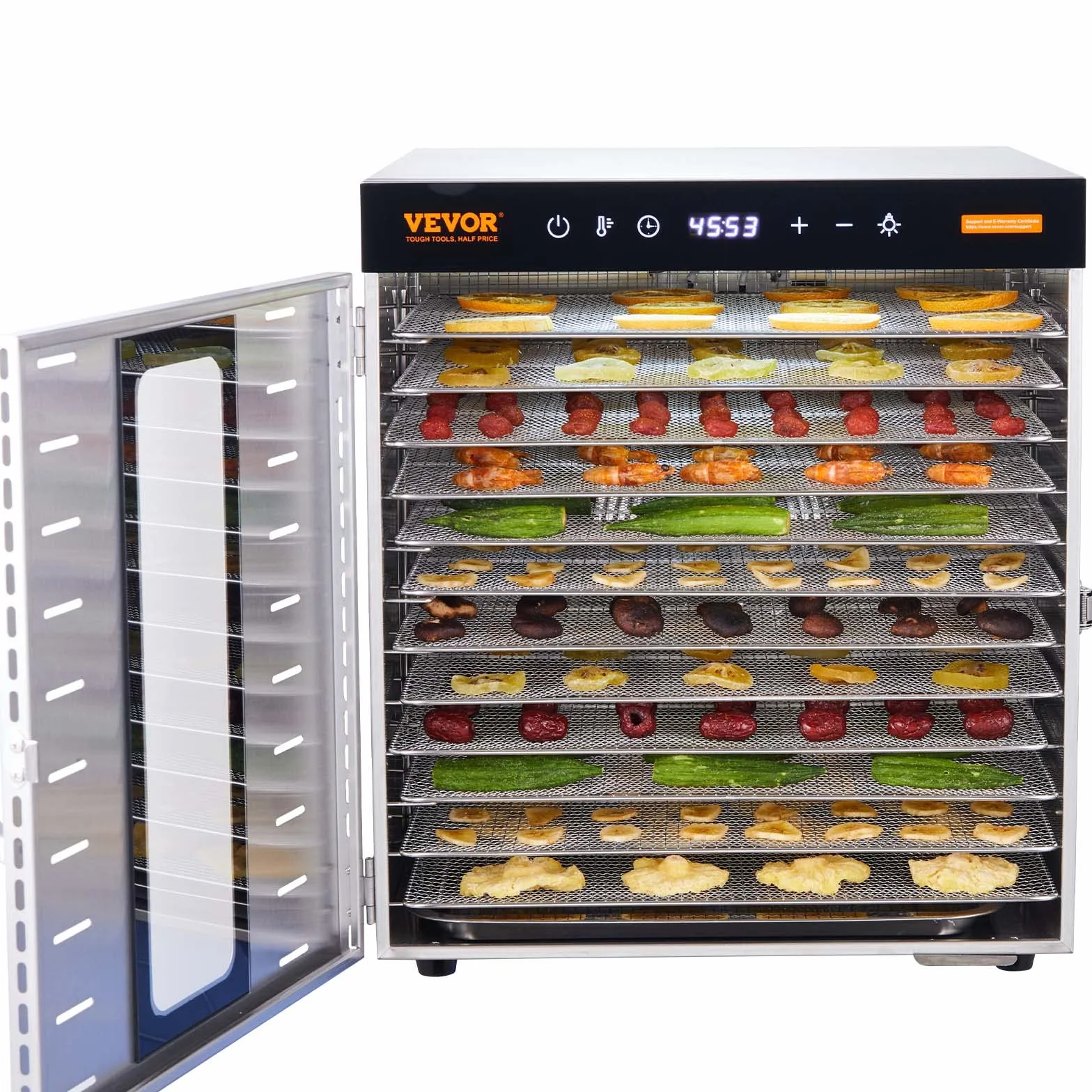 VEVOR Maszyna do odwadniania żywności 10 tacek ze stali nierdzewnej 1000 W Regulowana temperatura 30-90 °C Timer 0,5-48 h