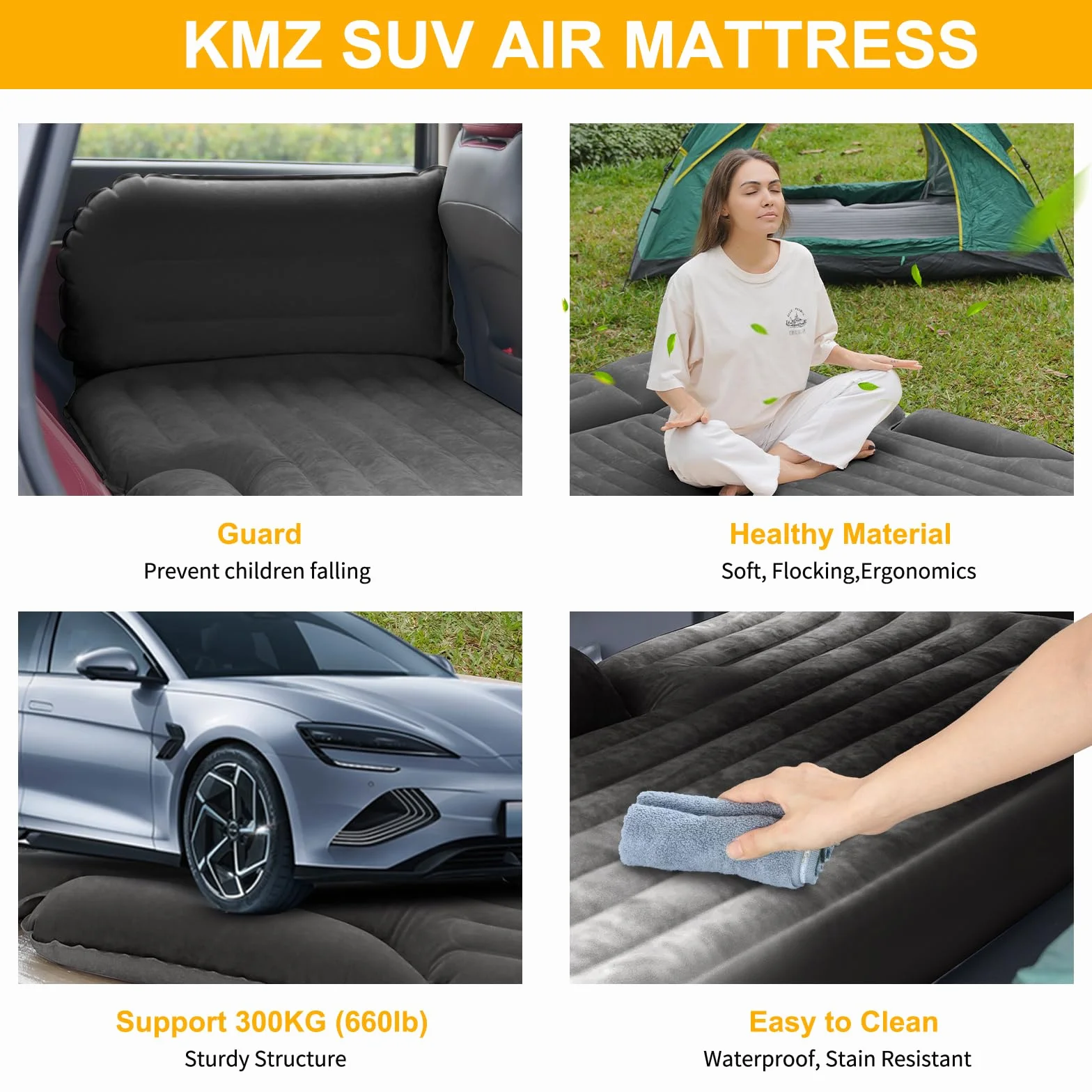 KMZ Materac dmuchany, pogrubiony i dwustronny, flokowany, do SUV, materac kempingowy z 2 nadmuchiwanymi poduszkami, kolor ciemnoszary
