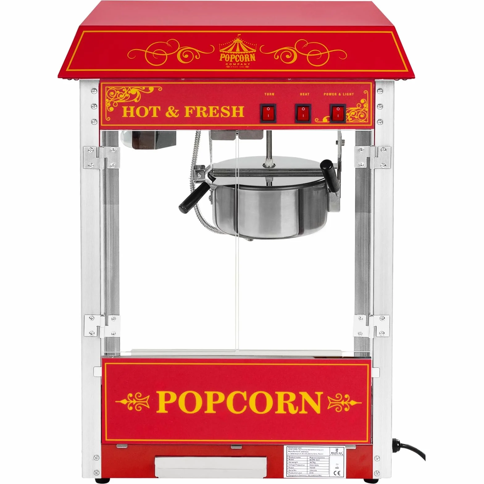 Royal Catering Profesjonalna maszyna do popcornu (1500 W, 5kg/godz./16l/h, garnek ø 18,5 cm, powłoka nieprzywierająca, mobilne) profesjonalne urządzenie popcorn z wózkiem