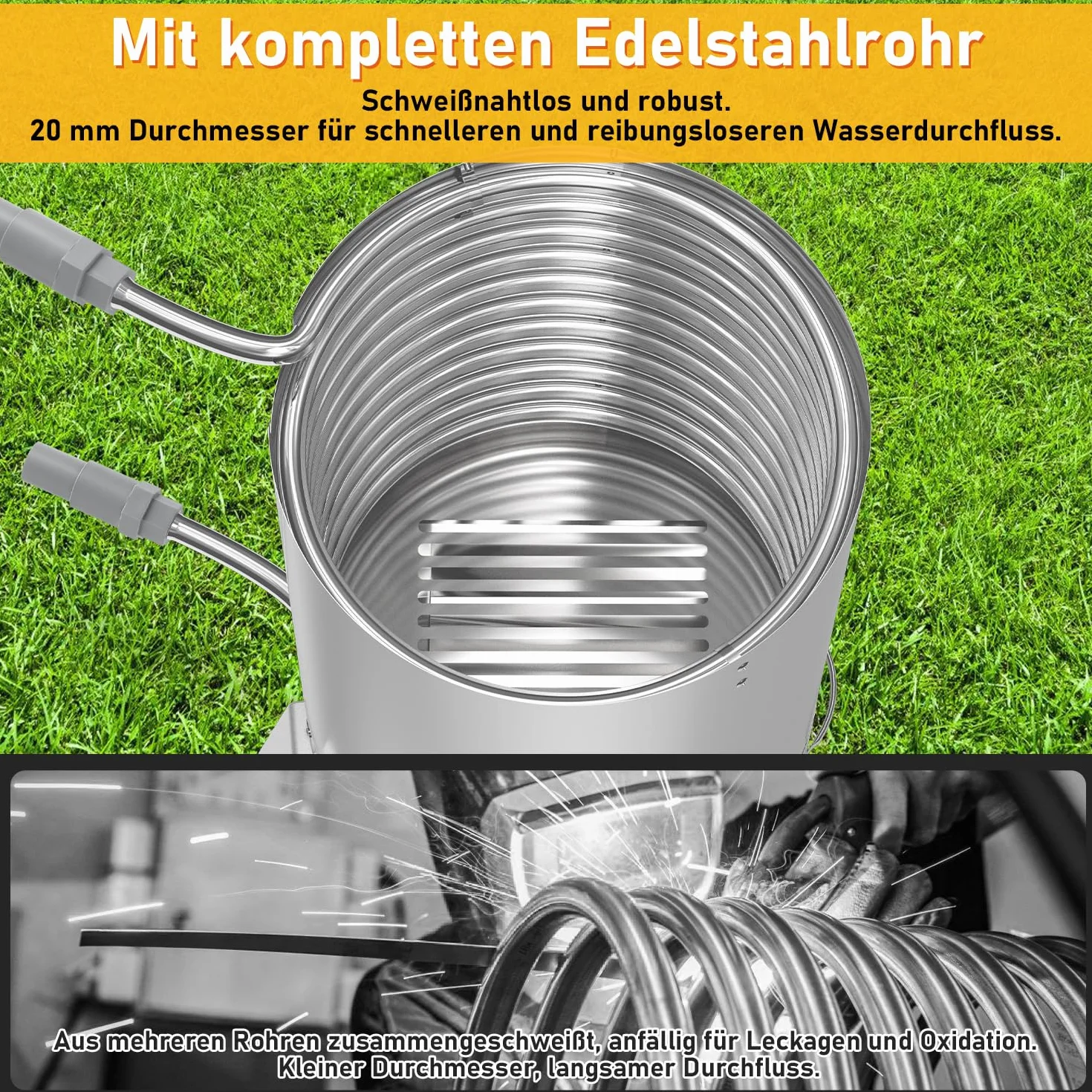 Podgrzewacz basenowy z ogniem i spiralą grzewczą, beczka ogniowa, 100% stal nierdzewna, przyłącze Ø 32-38 mm, beczka ogniowa podgrzewacza basenowego z matami ognioodpornymi i tacką