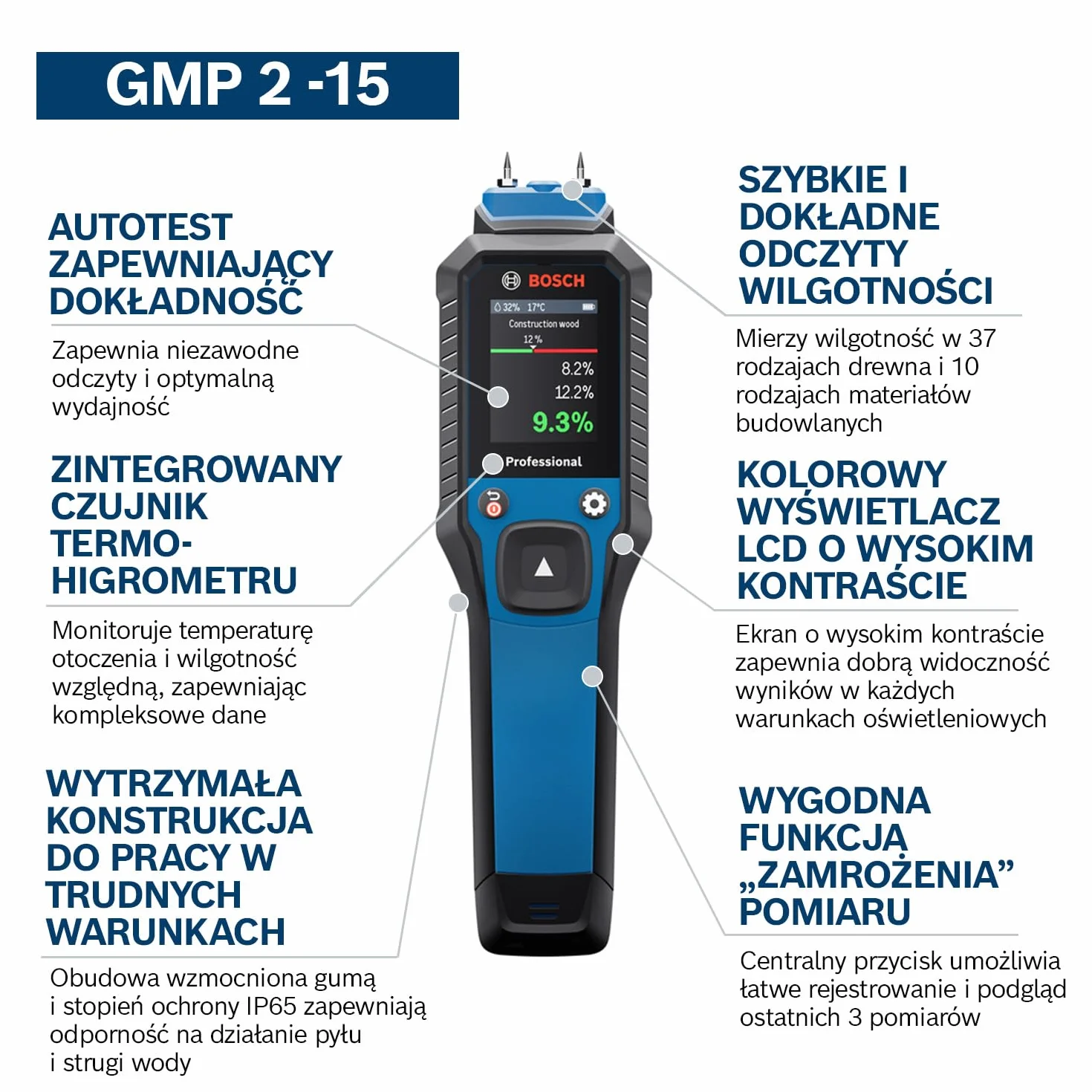 Bosch Professional Wilgotnościomierz GMP 2-15 z pinami (mierzy 37 rodzajów drewna i 10 rodzajów materiałów budowlanych, zintegrowany termohigrometr, stopień ochrony IP65, 2 baterie AA, pokrowiec)