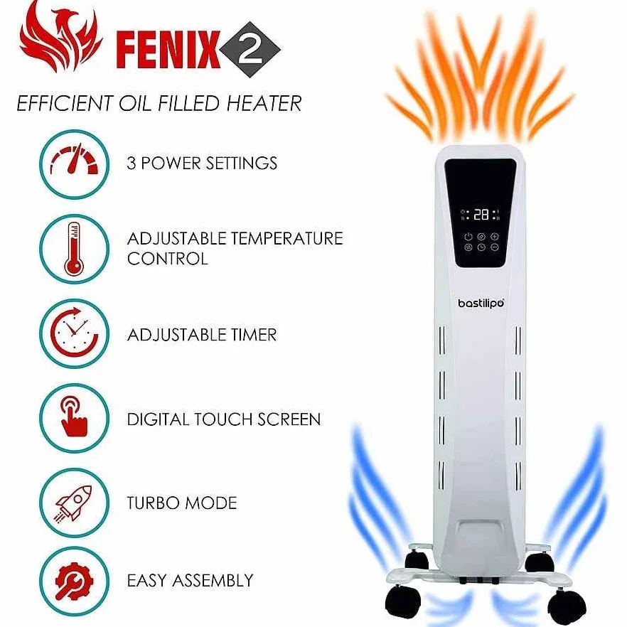 Bastilipo Fenix 2-1500 - Grzejnik olejowy - moc 1500W - Ekran dotykowy LED - 3 poziomy mocy - Efekt kominka - 7 elementów, Biały