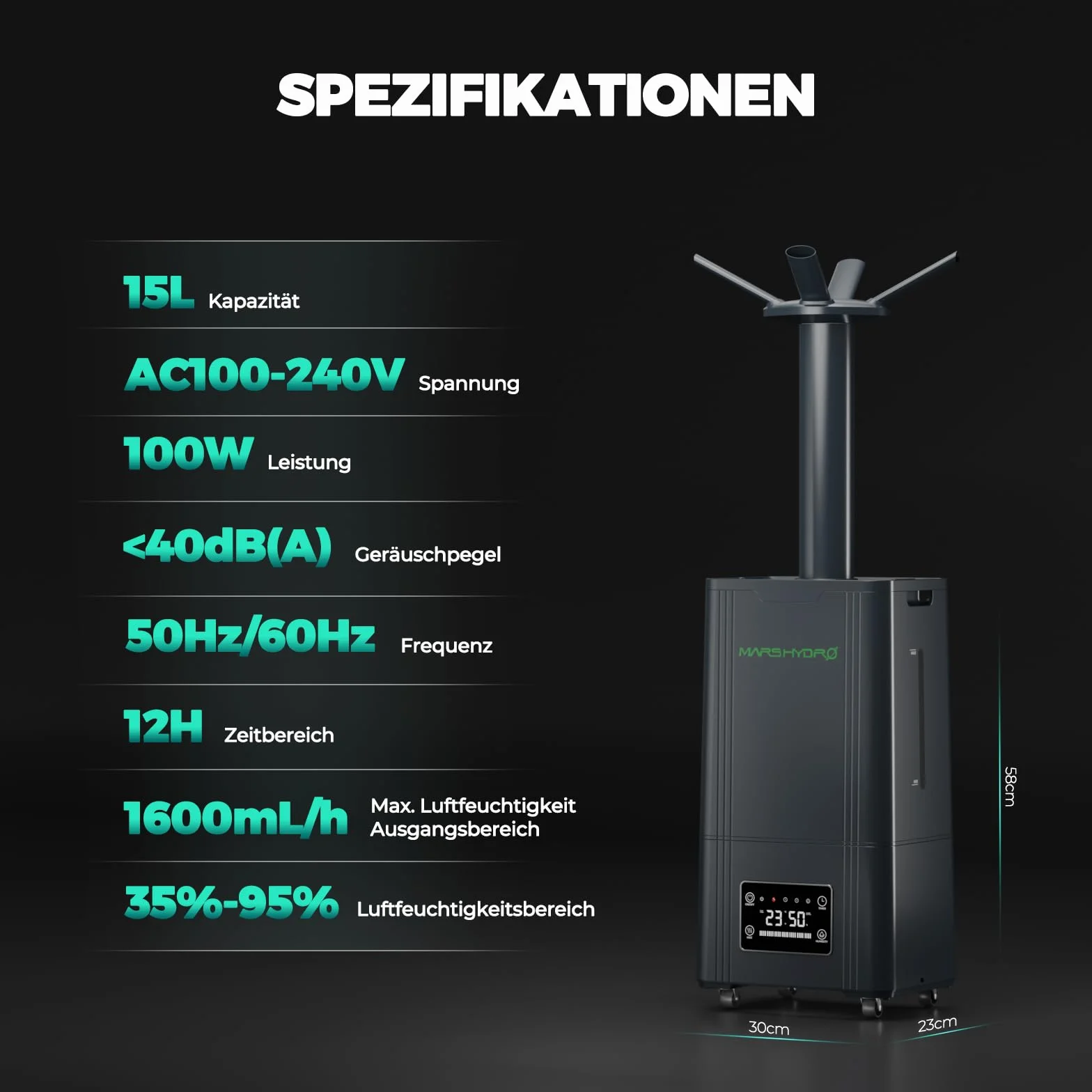MARS HYDRO Top-Fill ultradźwiękowy nawilżacz powietrza 15 l, z regulacją wilgotności powietrza, funkcją timera i cichą pracą, do sadzenia w pomieszczeniach, sypialni