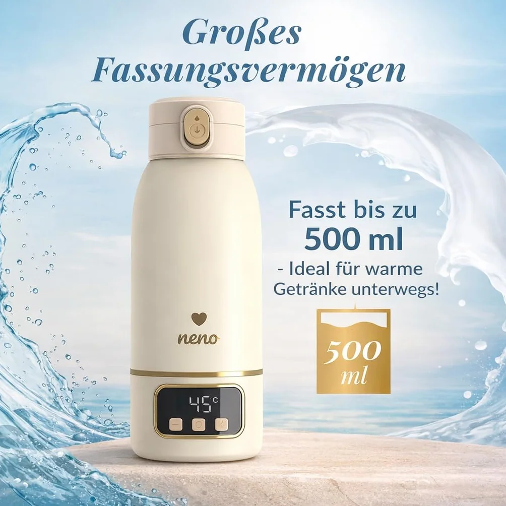 NENO Savia przenośny podgrzewacz do butelek dla niemowląt – przenośny podgrzewacz do butelek dla niemowląt – pojemność 500 ml – podgrzewanie do 55°C – szybkie nagrzewanie i długi czas pracy baterii