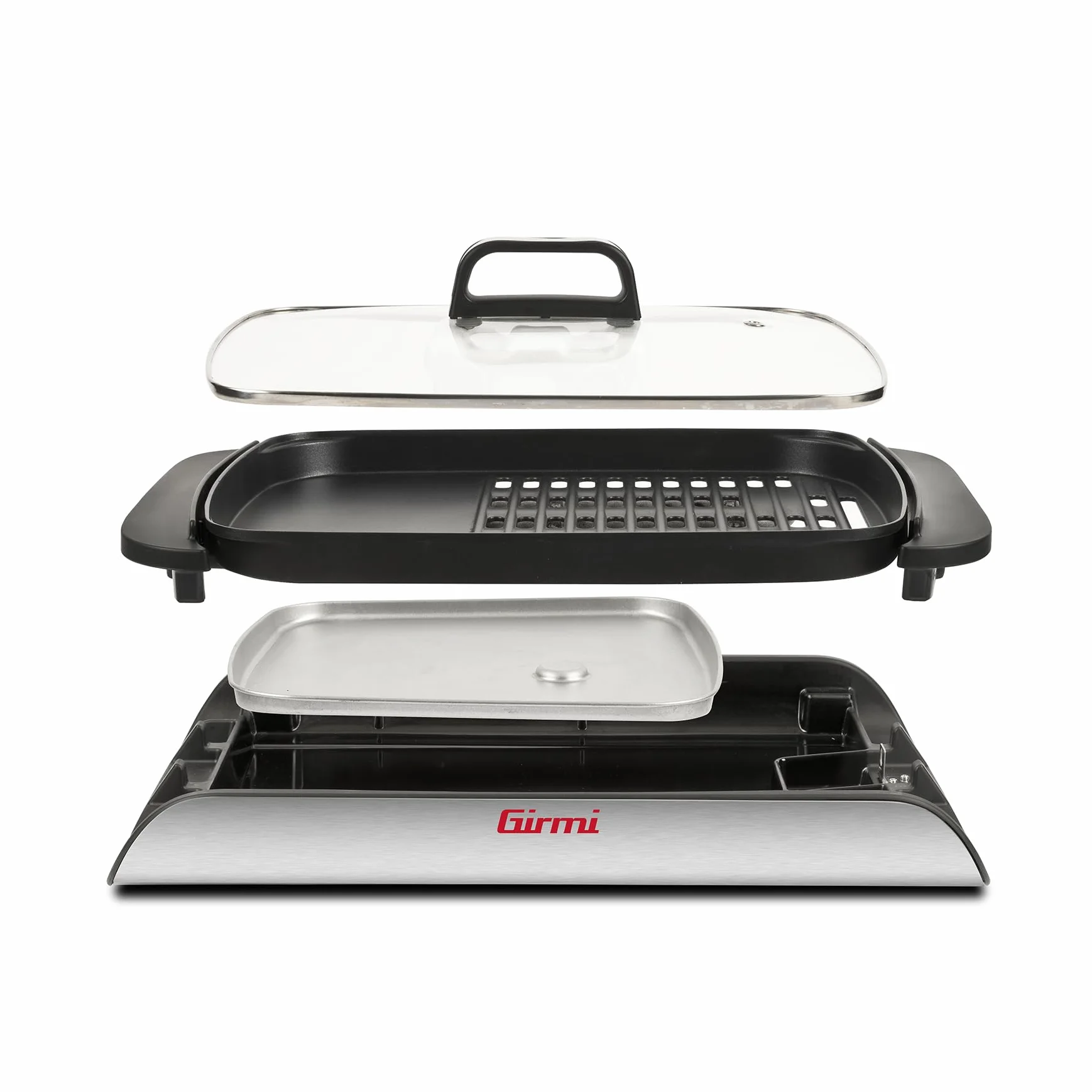 Girmi BQ91 Grill 2000 W, Nieprzywierające Płytki XL 40x30 cm, Podwójne Zastosowanie, Szklana Pokrywka, Regulacja Temperatury, Szary