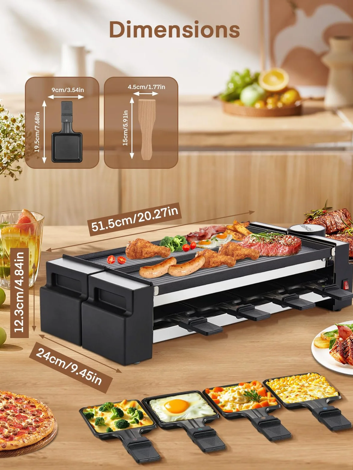 FOHERE Grill Raclette 1400 W dla 8 Osób, Nieprzywierająca Płyta, Matowa Stal Nierdzewna