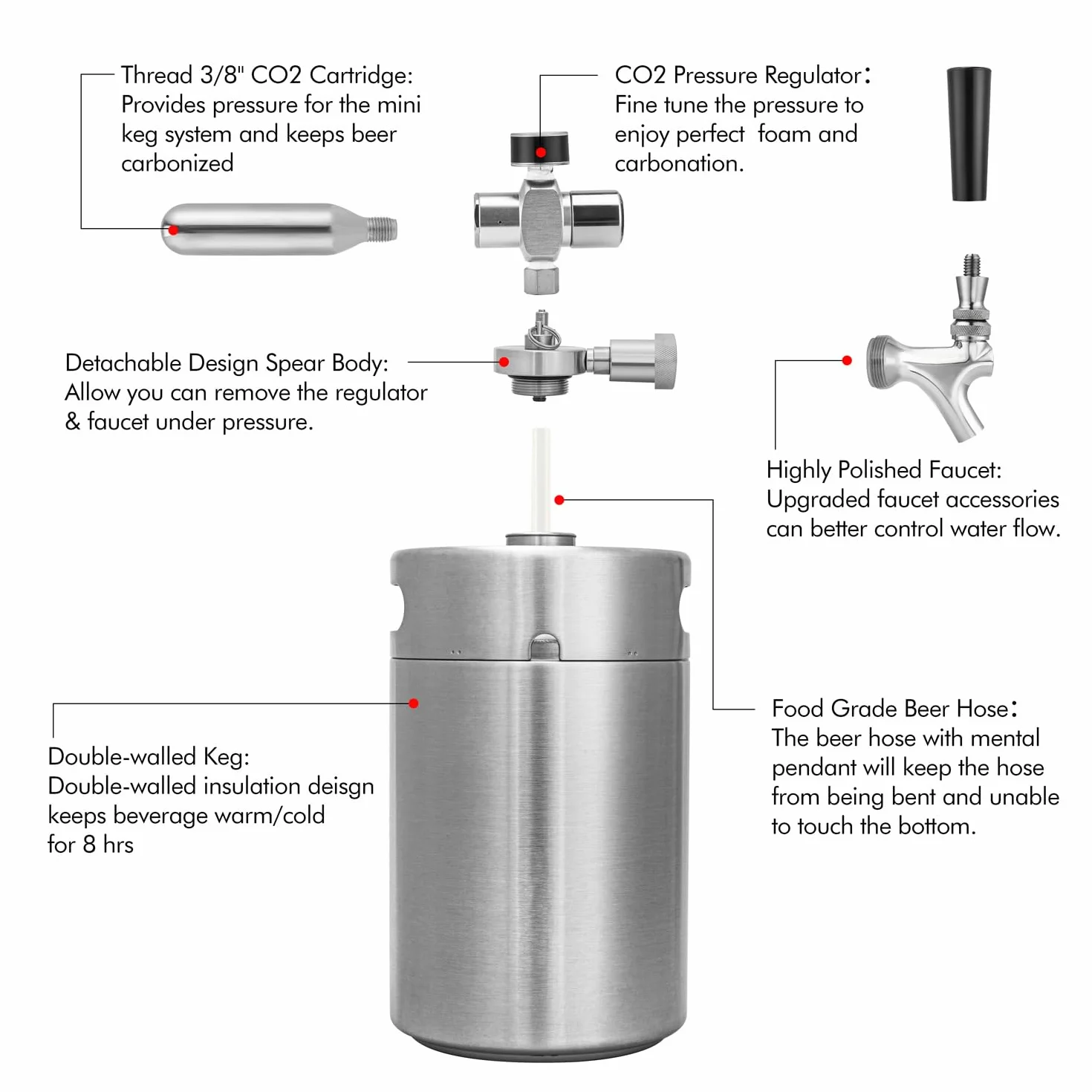 TMCRAFT Mini keg growler z podwójnymi ściankami, regulowany ciśnieniem, system dozowania piwa domowego ze zdejmowanym kranikiem i regulatorem, utrzymuje świeżość i węglowanie do piwa rzemieślniczego