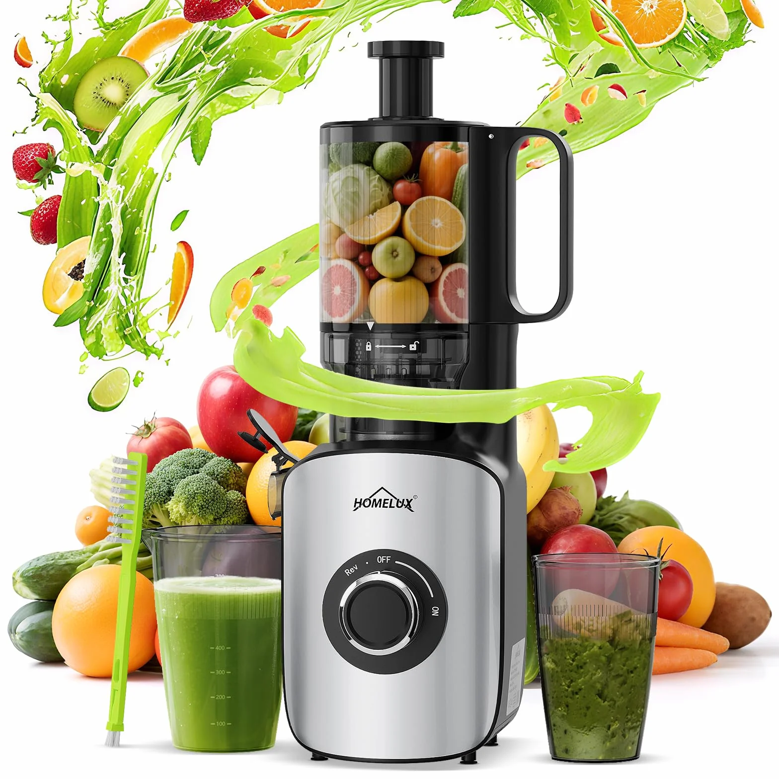 HOMELUX Sokowirówka 220 W Slow Juicer 126 mm otwór wlotowy do całych warzyw i owoców