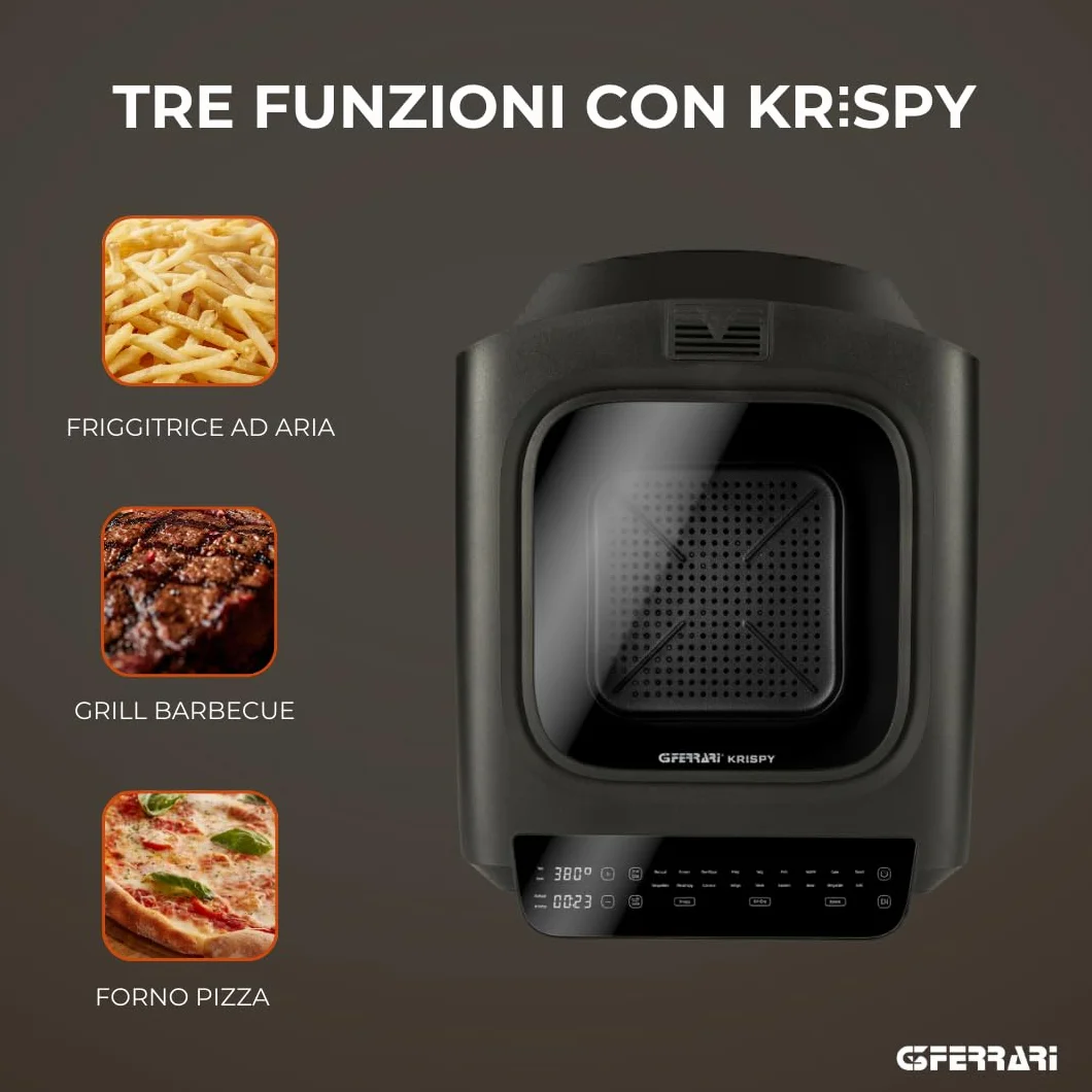 G3 Ferrari Krispy G10225 piec do pizzy i frytkownica beztłuszczowa, wielofunkcyjny, 2100 W, 13 l, technologia HOBLO, wyświetlacz Soft-Touch z 18 programami, do 380°C, akcesoria w zestawie, czarny