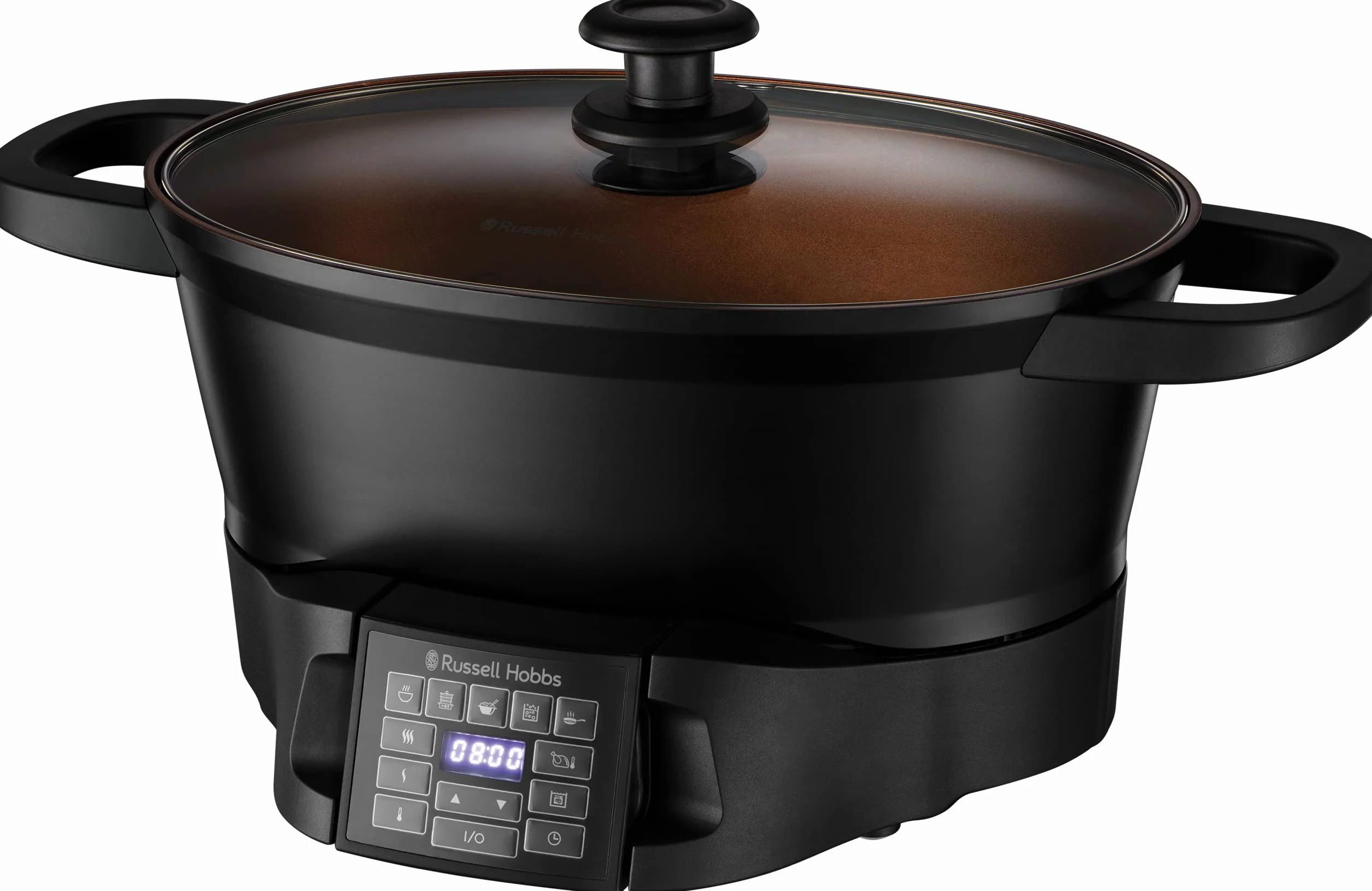 Russell Hobbs multicooker, 8 funkcji, cyfrowy programator i timer, pokrywka ze szkła hartowanego, gotowanie sous-vide, zimne uchwyty, pojemność 6,5l, moc 1000W, czarny, Good To Go 28270-56