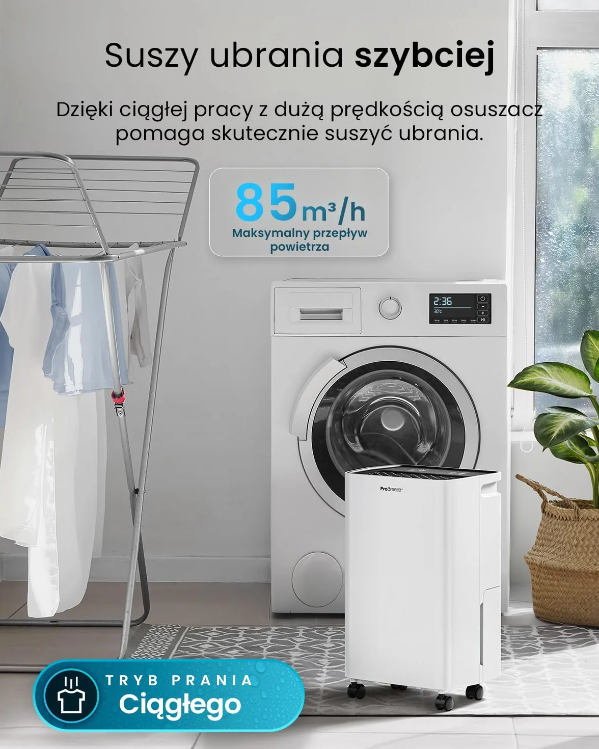 Osuszacz powietrza Pro Breeze 12 L z kompresorem, zbiornikiem 2 L, funkcją suszenia prania i automatycznym czujnikiem wilgotności, timer 24 h