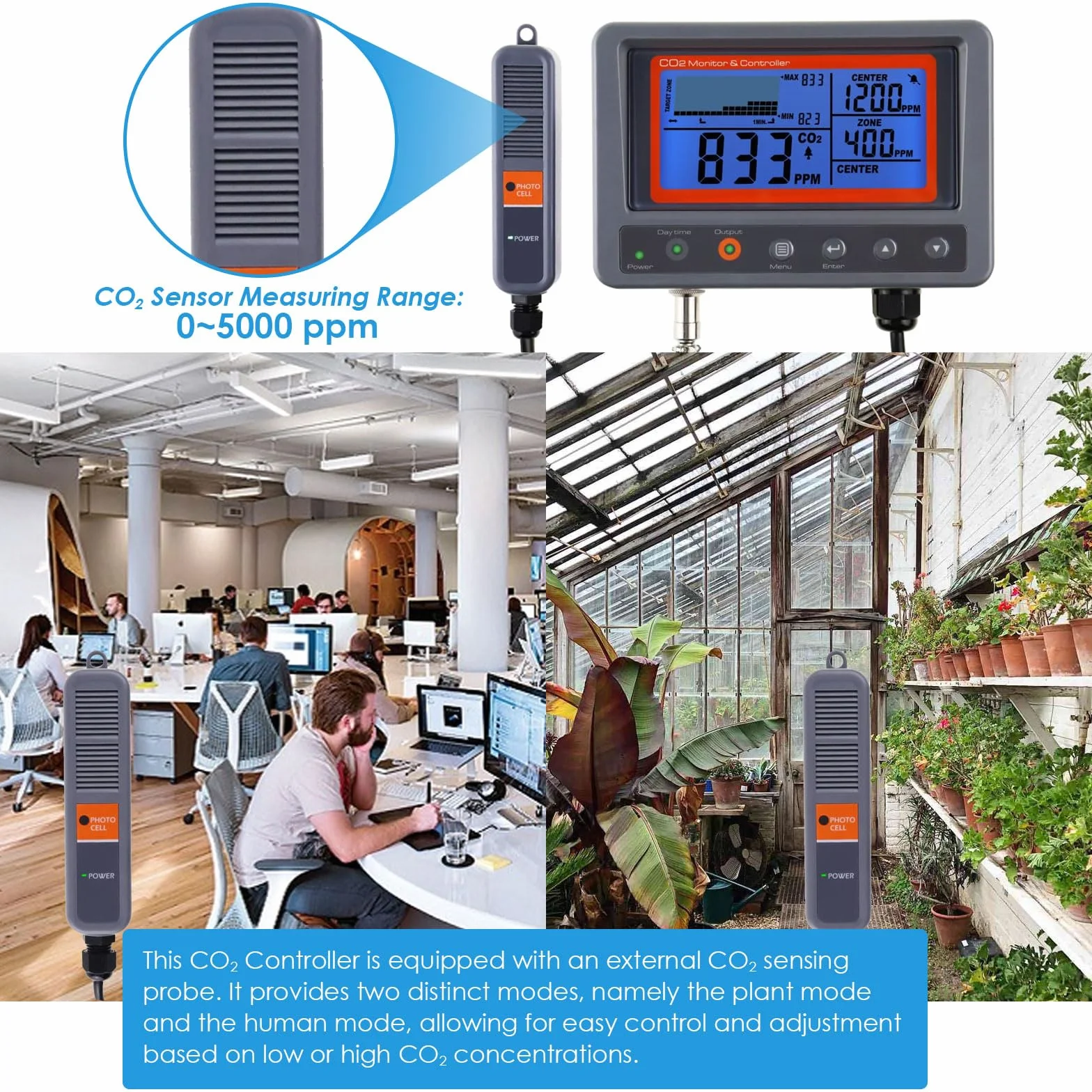 Kontroler CO2, kontroler dwutlenku węgla, miernik CO2, monitor z funkcją przekaźnika, kabel 4,5 m, sonda czujnika dwutlenku węgla NDIR do pokoju uprawowego, rośliny, namiotów do uprawy, szklarni