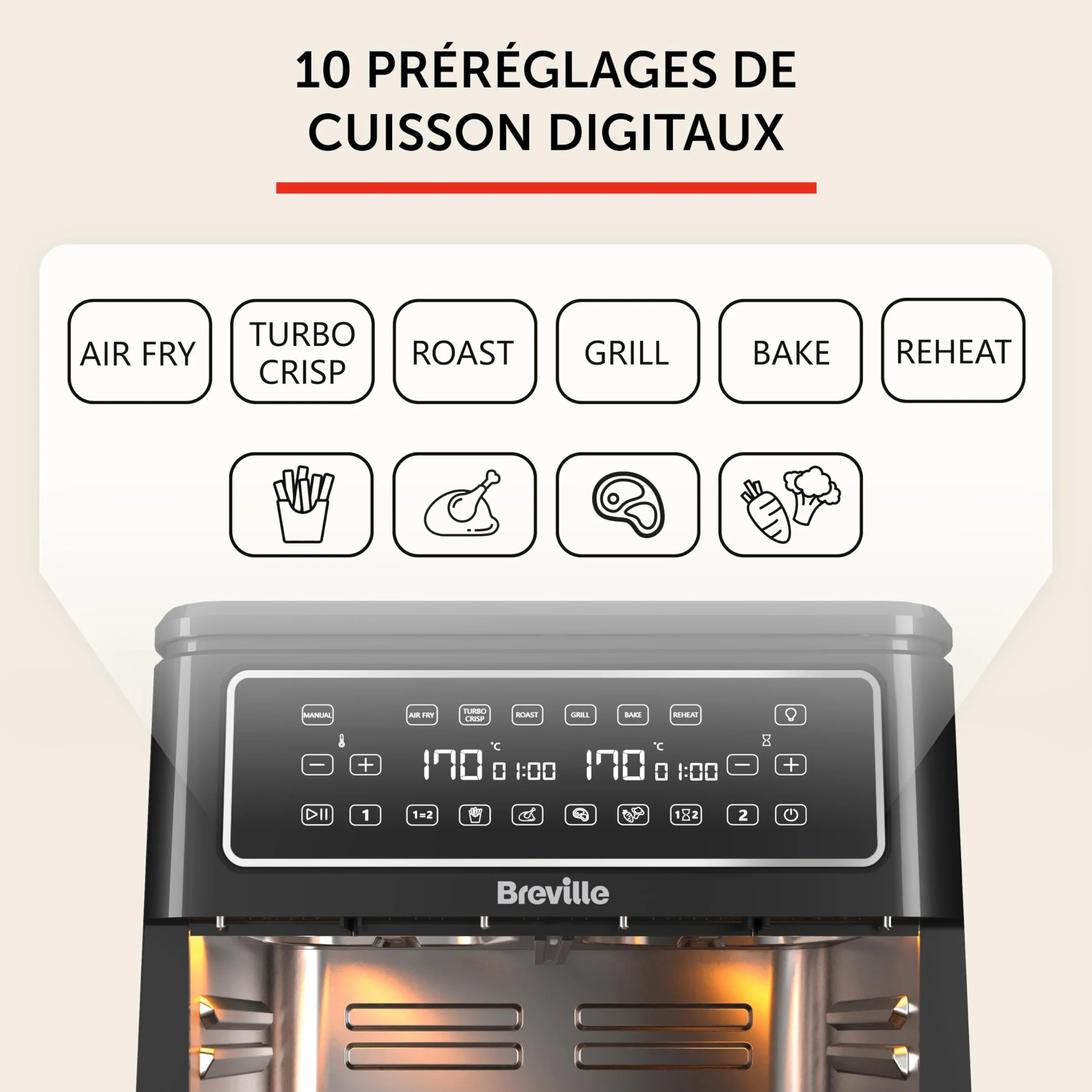 Breville Halo Flexi frytkownica na gorące powietrze, cyfrowa, dwukomorowa, 11 l, dla ponad 10 osób, smażenie, grillowanie, smażenie, podgrzewanie, 2400 W [VDF130X]