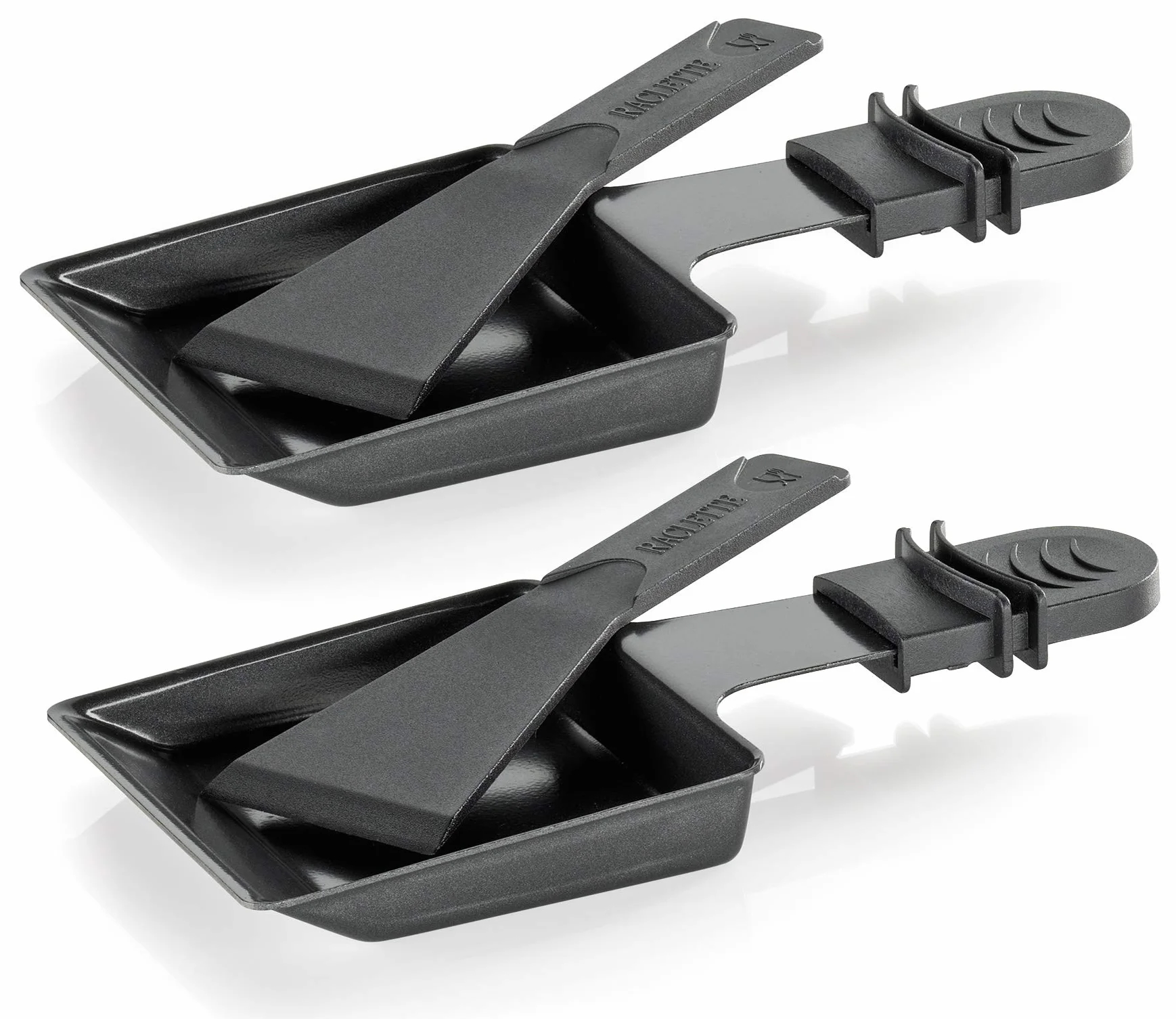 Küchenprofi Patelnie do raclette ze skrobakiem do raclette, zestaw 2 patelenek z powłoką zapobiegającą przywieraniu, uchwyty izolujące ciepło, 2 skrobaki, 9 × 9 cm; z uchwytem: 18 cm, do wielu