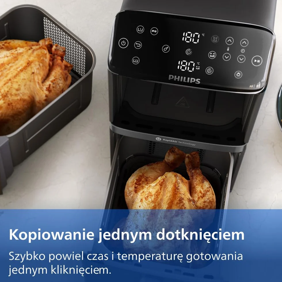 Philips Ovi z serii 4000 z podwójnym koszem 10L – Technologia RapidAir, Synchronizacja, 2 posiłki jednocześnie, 45% mniej miejsca na blacie, Powłoka ceramiczna bez PFAS, Okienka podglądu (NA460/00)