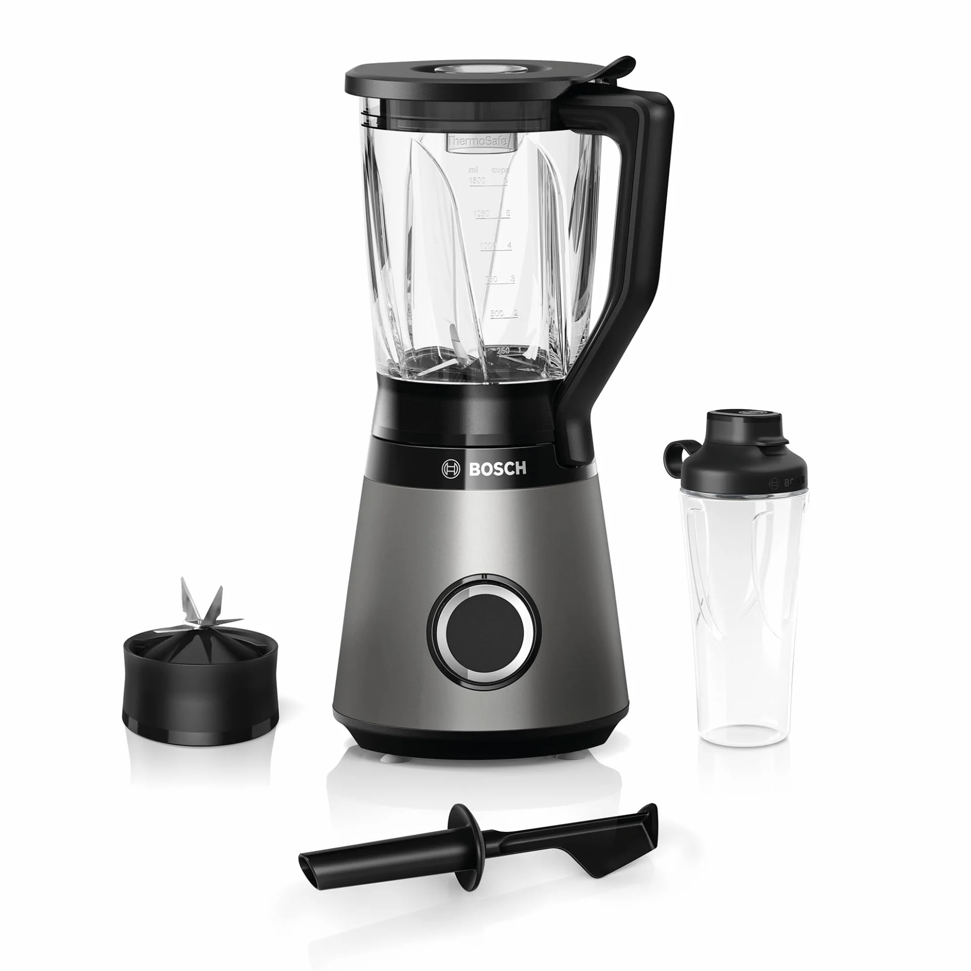 Bosch VitaPower seria 4 MMB6174S, wysokiej jakości ostrza ze stali nierdzewnej, szklany pojemnik 1,5 l, butelka na wynos 0,6 l, części nadające się do mycia w zmywarce, 30 000 obr./min, 1200 W,