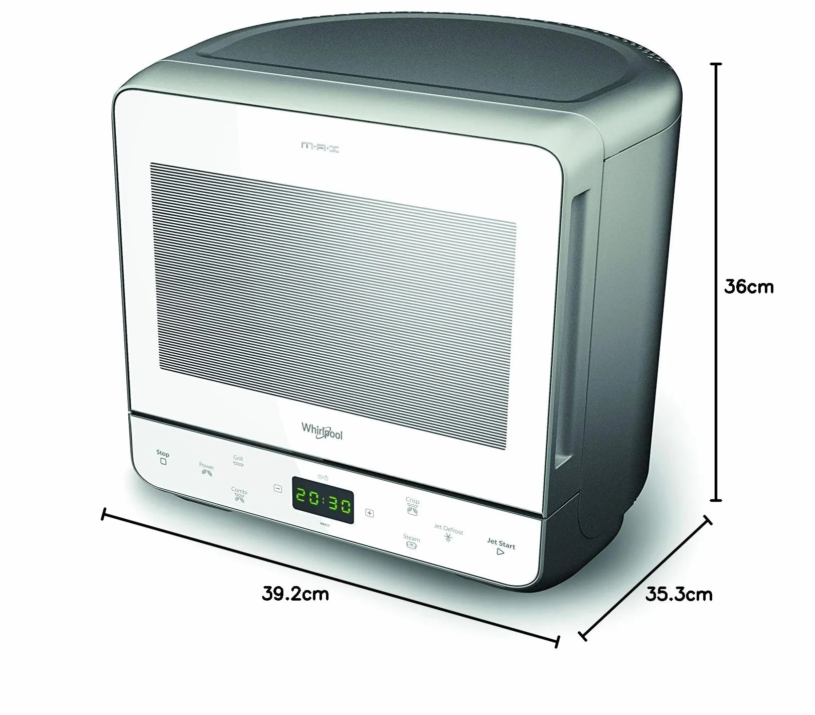 Whirlpool Max 39 WSL Kuchenka mikrofalowa i grillowa, 13 litrów, srebrna, z gotowanym na parze, wysoki ruszt, płyta z wyjmowanym uchwytem do funkcji Crisp, cichy (0 decybel), stalowy, biały