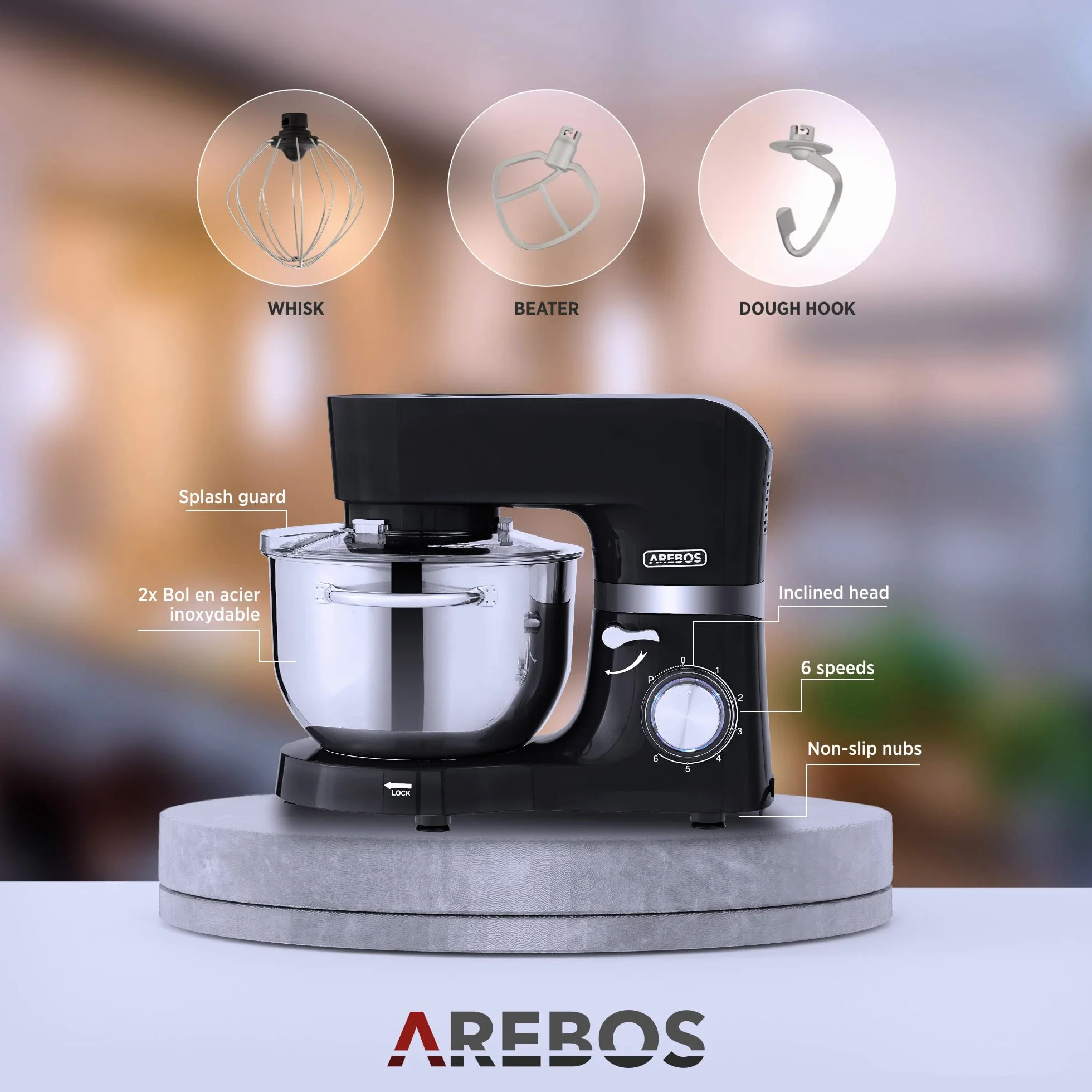 Arebos Profesjonalny robot cukierniczy 1500W | Czarny | Wielofunkcyjny robot kuchenny z trzepaczką, ubijaczką i haczykiem | Z 2 miskami ze stali nierdzewnej | 6 prędkości | Funkcja impulsu