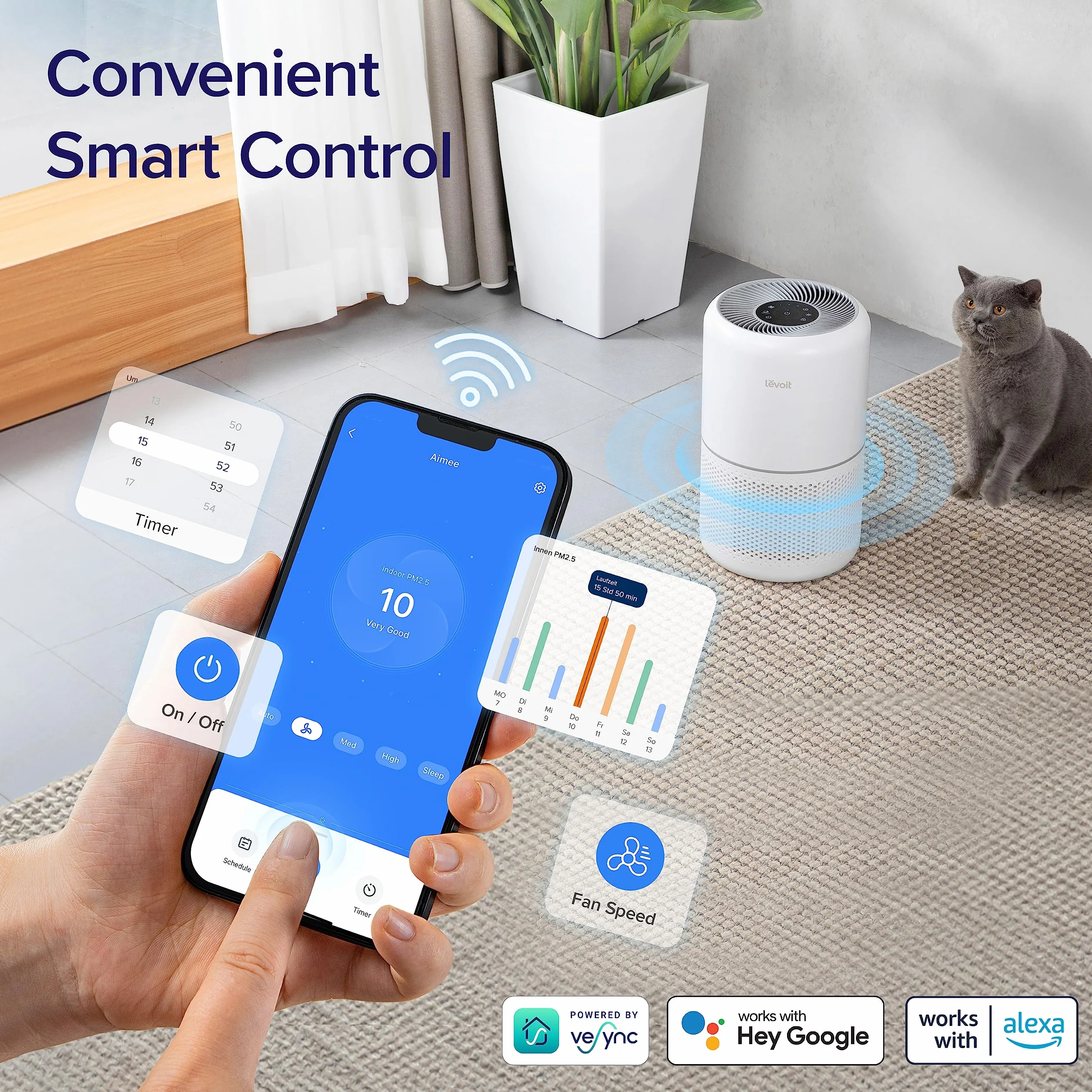 LEVOIT Core300S-P Air Purifier HEPA Smart WiFi Quiet for Home Large Room Pet Hair Allergies Dust Smoke Pollen White Noise Alexa Control