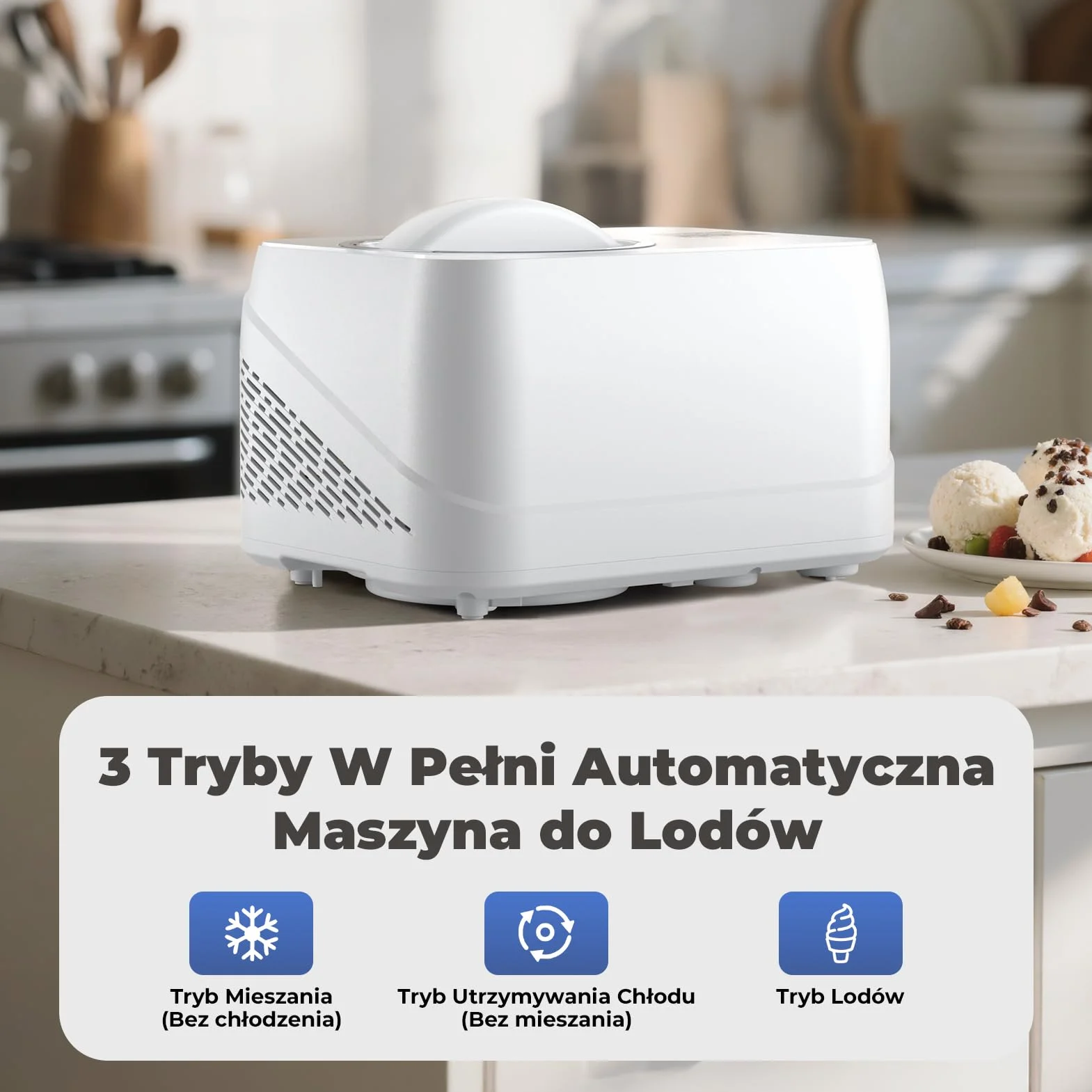 maszynka do lodów z kompresorem 1L, maszynka do lodów z samochłodzącym kompresorem z wyjmowanym pojemnikiem na lód, w zestawie łyżka/kubek z miarką z skalą