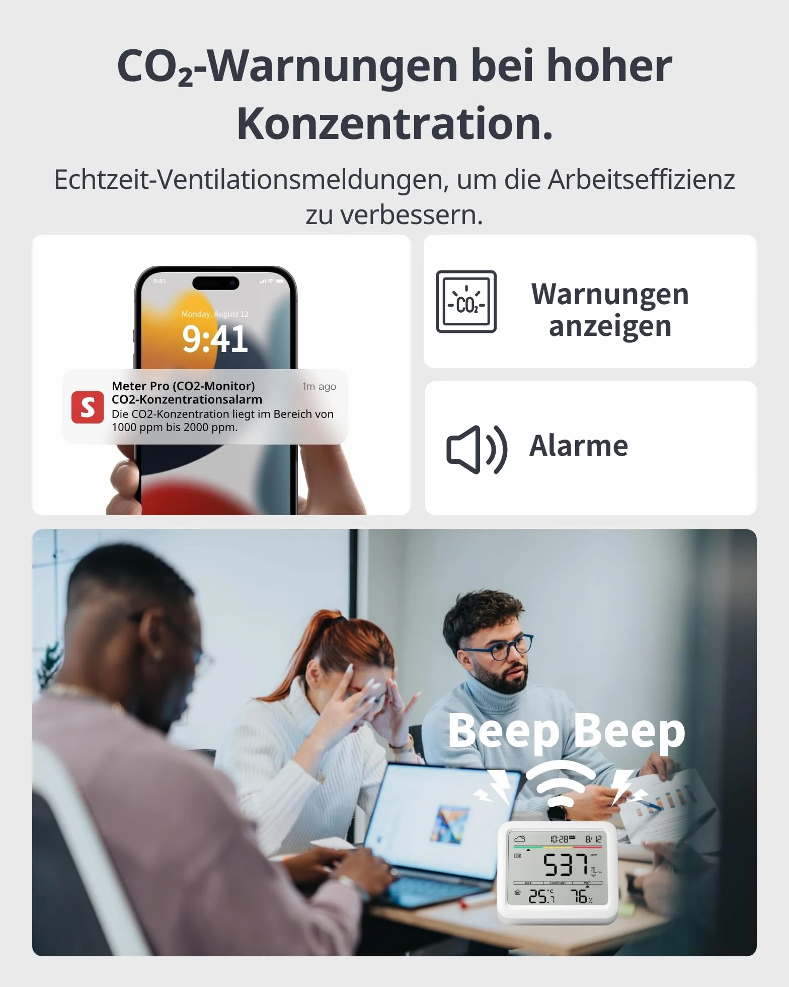 SwitchBot Czujnik CO2 Bluetooth IP65, miernik jakości powietrza z termometrem i higrometrem, alarm CO2, 2 lata przechowywania danych