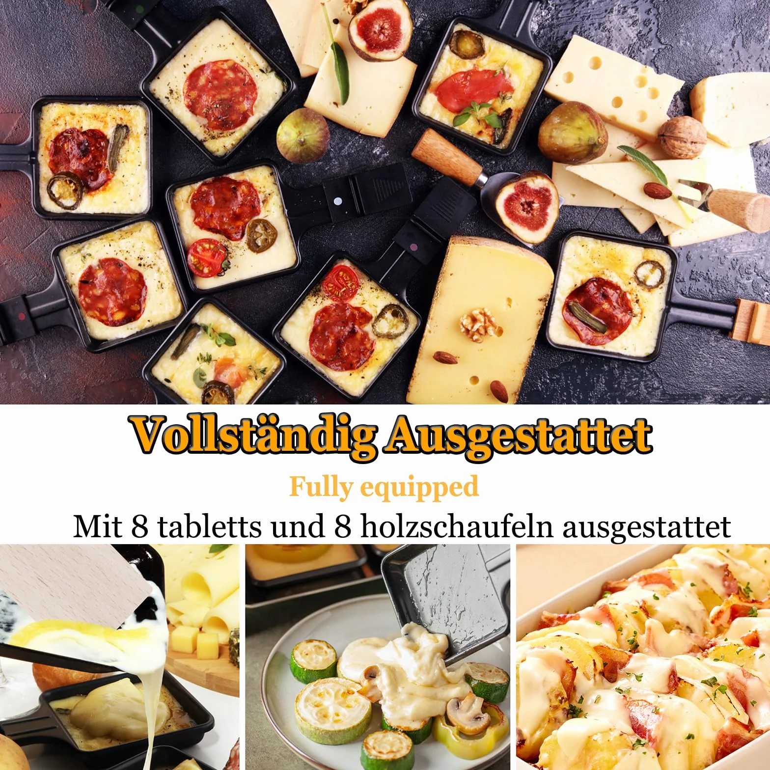 Raclette grill stołowy dla 8 osób, elektryczny, płyta granitowa, zestaw 8 patelenek