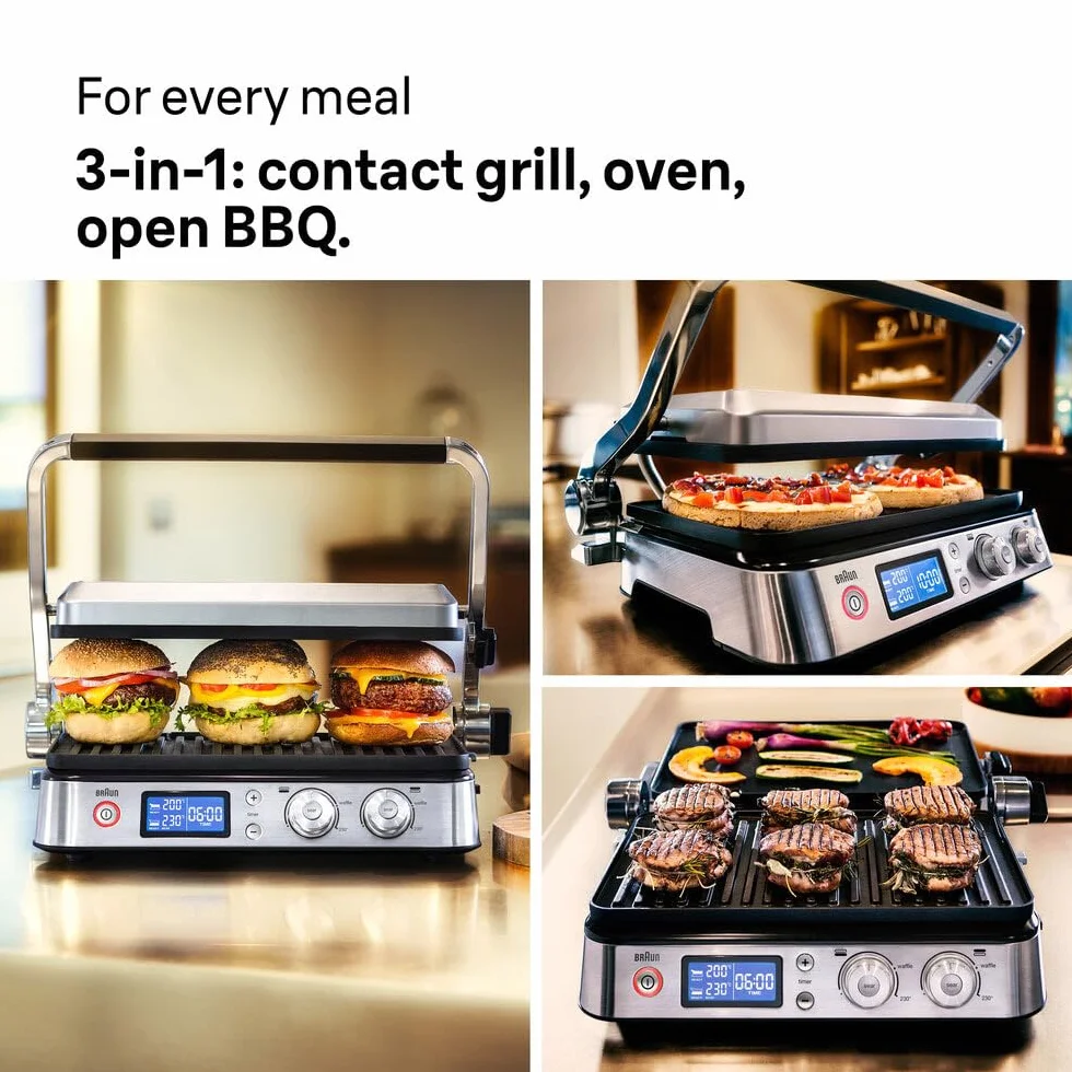 Braun MultiGrill 9 CG 9043 Grill kontaktowy, w zestawie Płyty do grillowania i płaskiego, pozycje grilla: kontakt, grill, piekarnik, płyty odporne na zmywarkę, pojemnik na tłuszcz, maksymalna