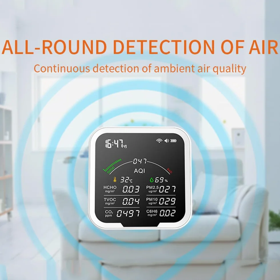 Irfora Przenośny miernik jakości powietrza HCHO/TVOC/CO2/PM2,5/PM10/AQI/C6H6 tester temperatury i wilgotności powietrza 4,8 cala, duży ekran detektora dwutlenku węgla z wyświetlaczem czasu i funkcją