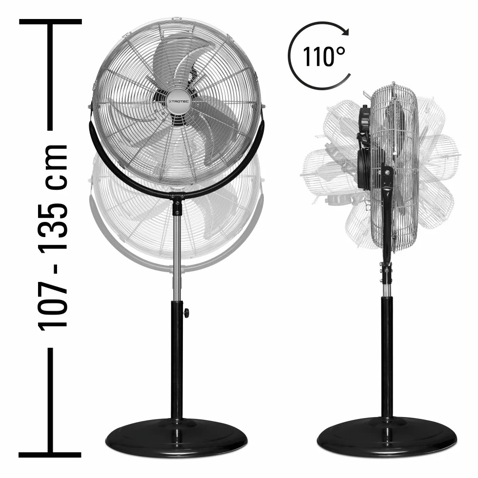 TROTEC Wentylator stojący TVM 18 S - duży, 100 W, kąt nachylenia 110°, 3 prędkości, Ø 45 cm, metalowy
