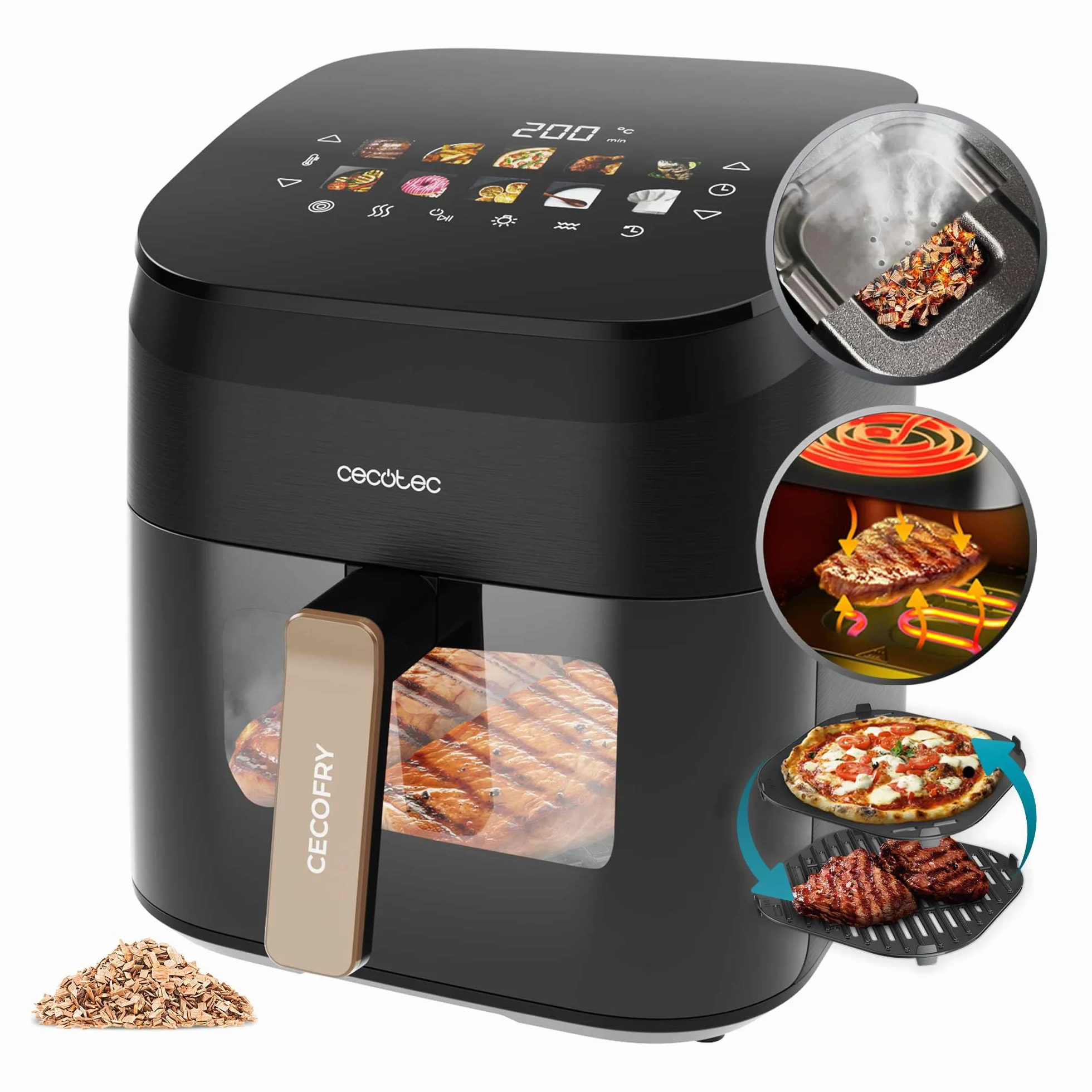 Cecotec Bezolejowa frytkownica powietrzna 6,5 l grill grill podwójna rezystancja zintegrowany Air Fryer Cecofry&Grill Smokin' 6500. 2200W, regulacja temperatury 40-200°C, 10 menu