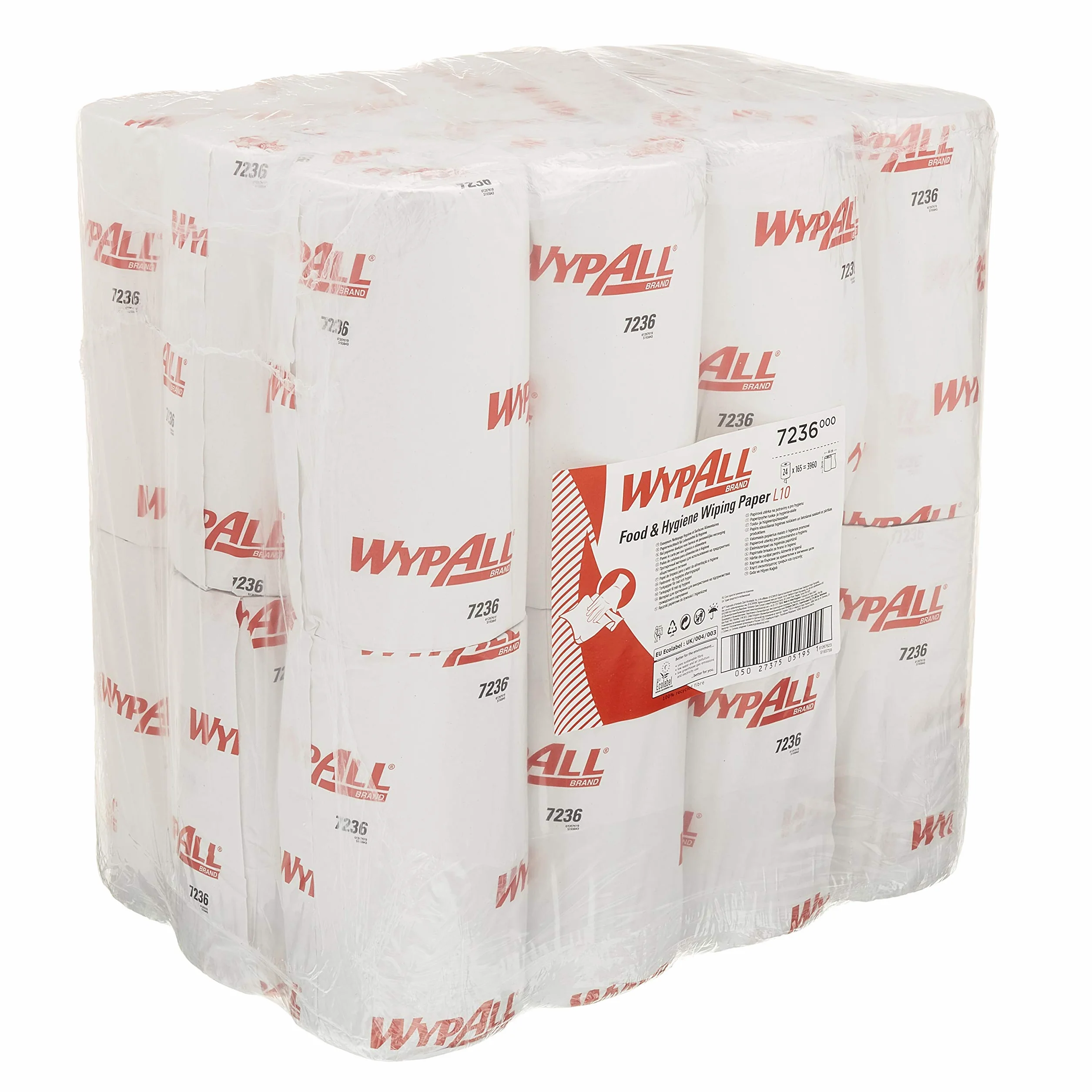 WypAll L10 papier do wycierania żywności i higieny 7236-1-warstwowe kompaktowe chusteczki do czyszczenia - 24 rolki x 165 białe chusteczki papierowe (łącznie 3960)