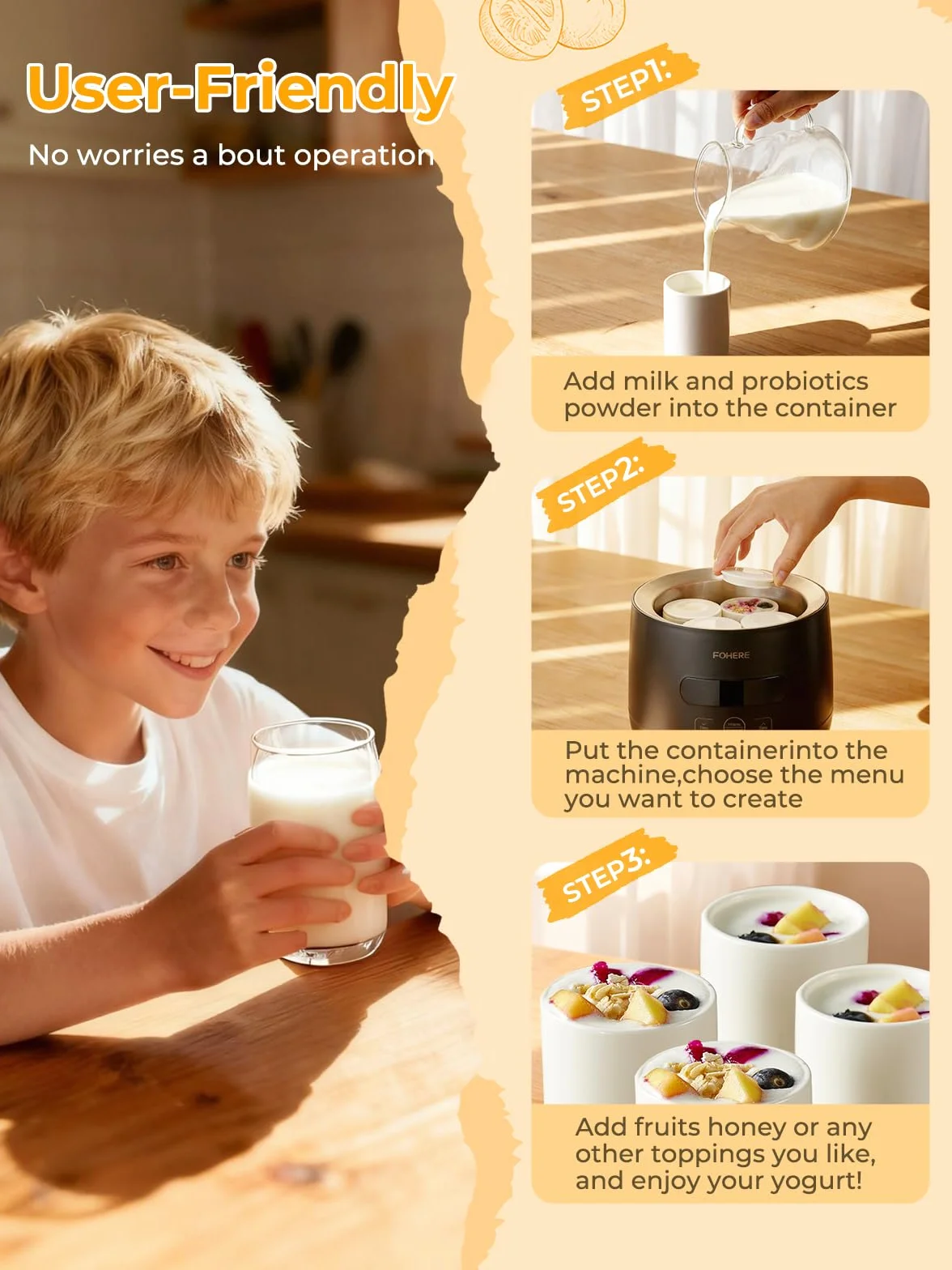 FOHERE Jogurtownica 2 Szklane Pojemniki 2000 ml 1400 ml 4 Ceramiczne Kubki 125 ml 8 Programów Urządzenie Do Jogurtu Greckiego