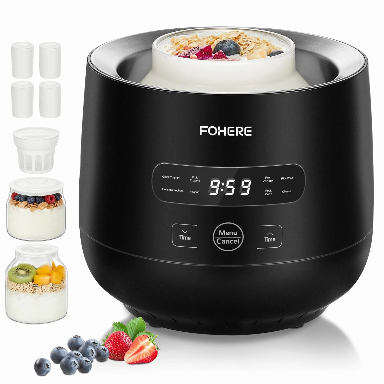 FOHERE Jogurtownica 2 Szklane Pojemniki 2000 ml 1400 ml 4 Ceramiczne Kubki 125 ml 8 Programów Urządzenie Do Jogurtu Greckiego