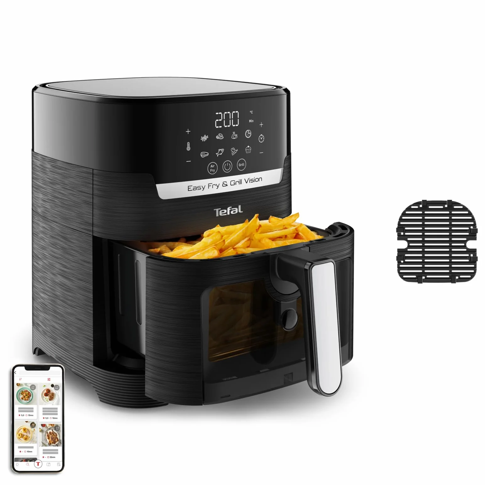 TEFAL EY5068 Easy Fry&Grill Vision Frytkownica beztłuszczowa na gorące powietrze, 4,2 l, grill, technologia Extra Crisp, energooszczędna, ekran dotykowy, 8 programów automatycznych, aplikacja, czarny