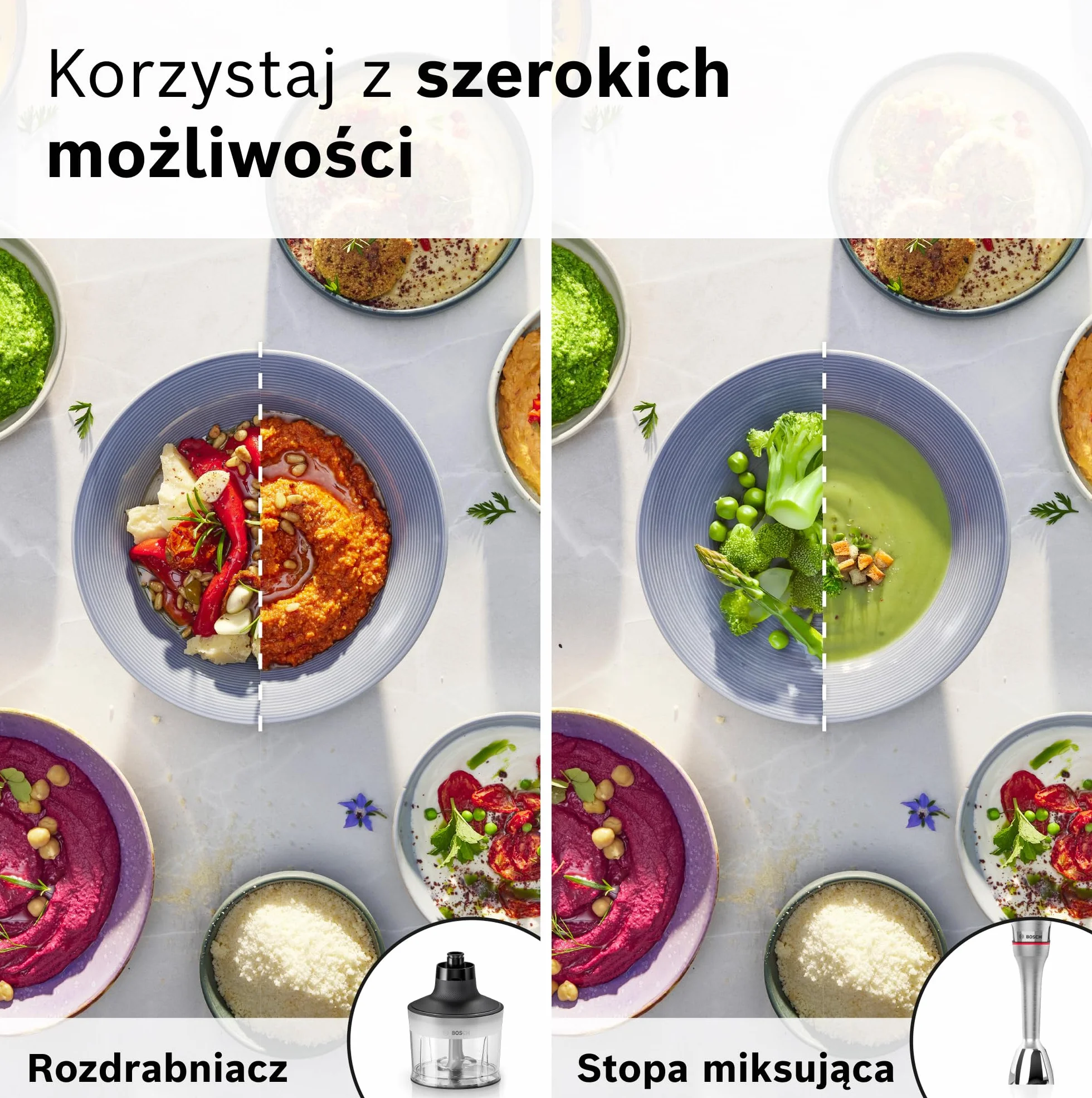 Bosch, blender ręczny, ErgoMaster Serie 8, silnik 1500 W, intuicyjna regulacja prędkości, 6-ramienne ostrze, akcesoria w zestawie, stal nierdzewna, MSM8M930
