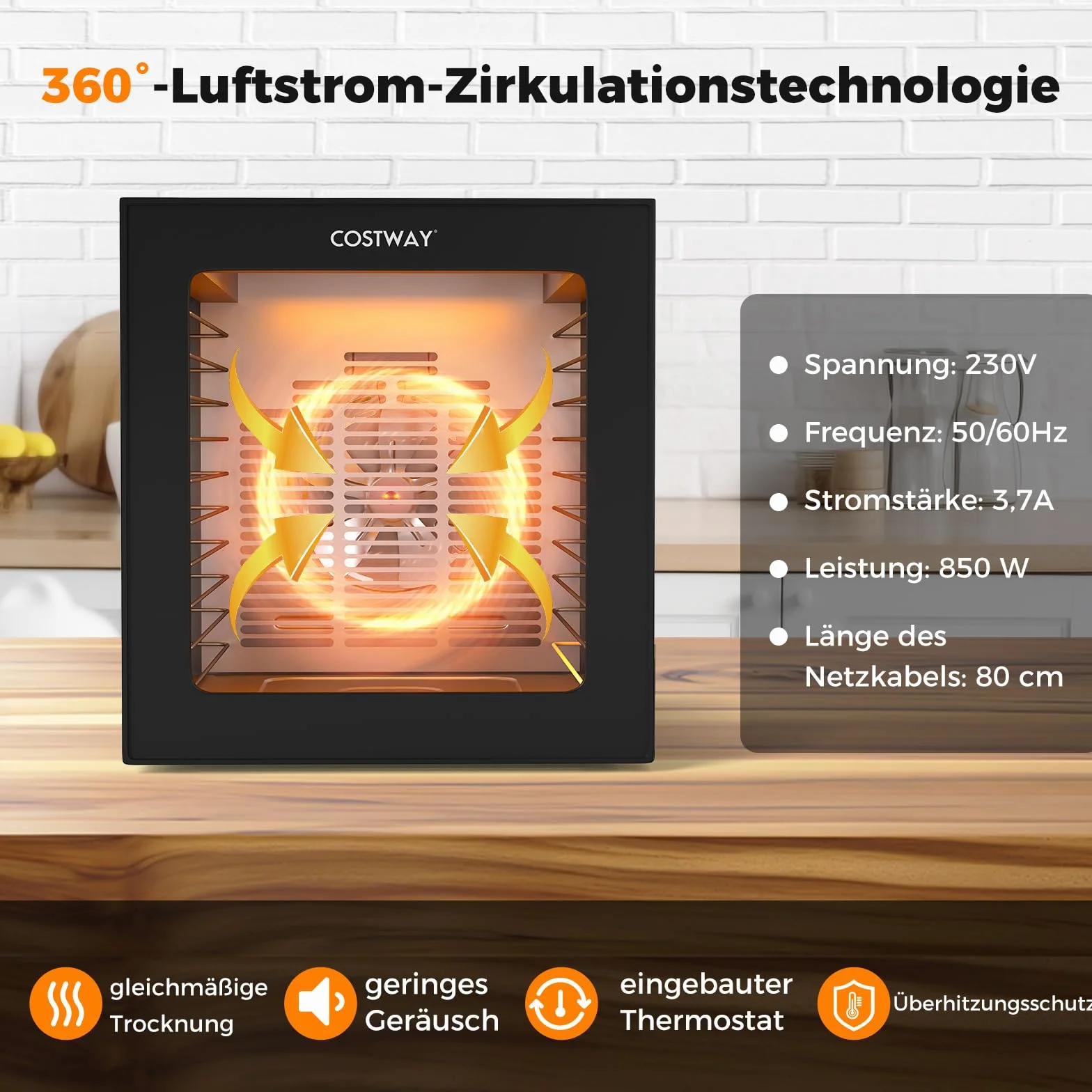 COSTWAY Suszarka 850 W, w zestawie 10 misek ze stali nierdzewnej, urządzenie do suszenia z 10 wstępnie ustawionymi programami, timer 48 h i temperatura 30-75°C, suszarka do żywności do owoców, warzyw
