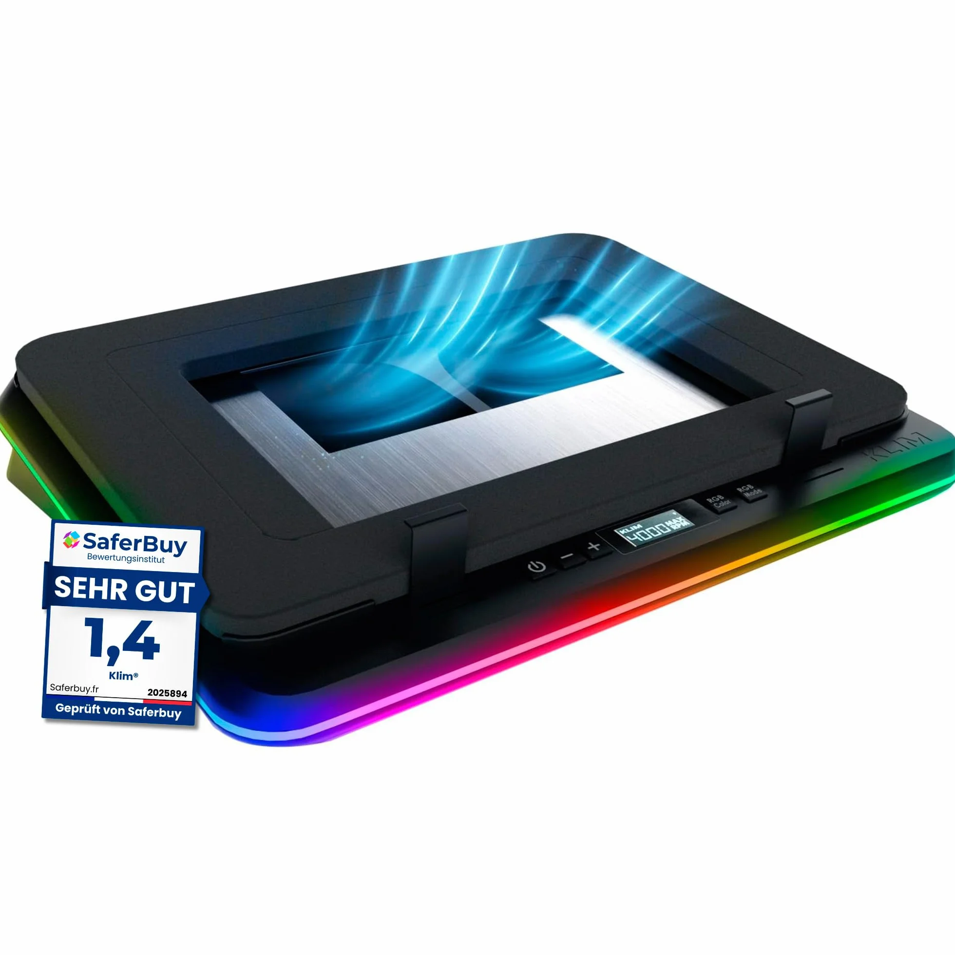 KLIM Turbofrost podkładka chłodząca do laptopa do gier, 4 potężne wentylatory turbo, 4 x 4000 obr./min, chłodziarka do laptopa, 2 tryby zasilania USB-C/DC, dynamiczny RGB, 4 porty USB, uszczelniona