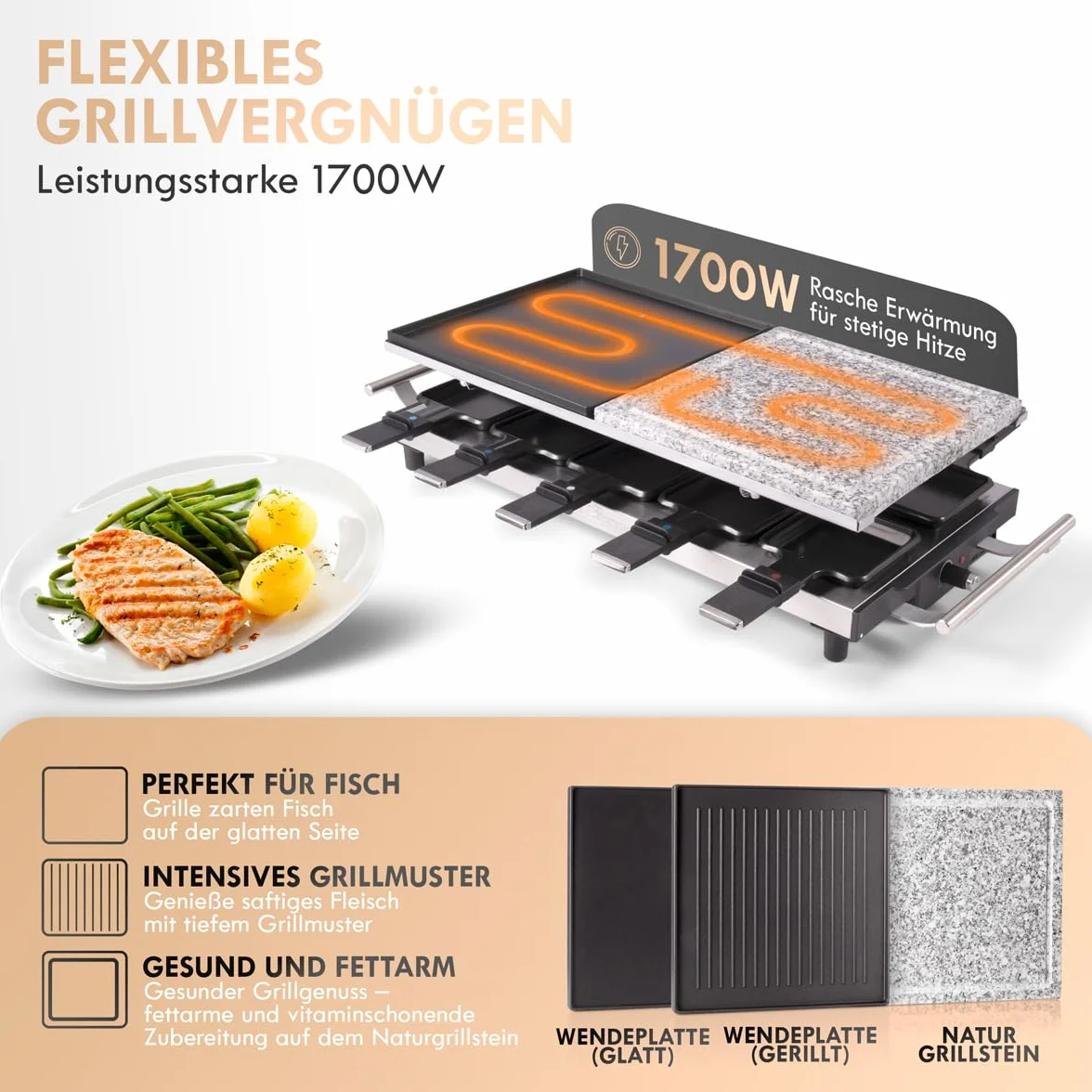ProfiCook skrobak do grilla 2 w 1, 1700 W, płyta kamienna i grillowa, powłoka nieprzywierająca, stal nierdzewna, PC-RG 1144
