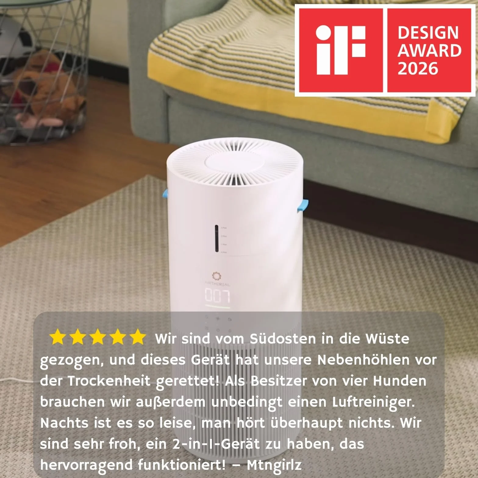Airthereal Oczyszczacz i nawilżacz powietrza 2 w 1 do 125 m², 3-stopniowy filtr, monitor jakości powietrza, tryb cichego snu, nawilżacz z automatycznym monitorem wilgotności, AEH300